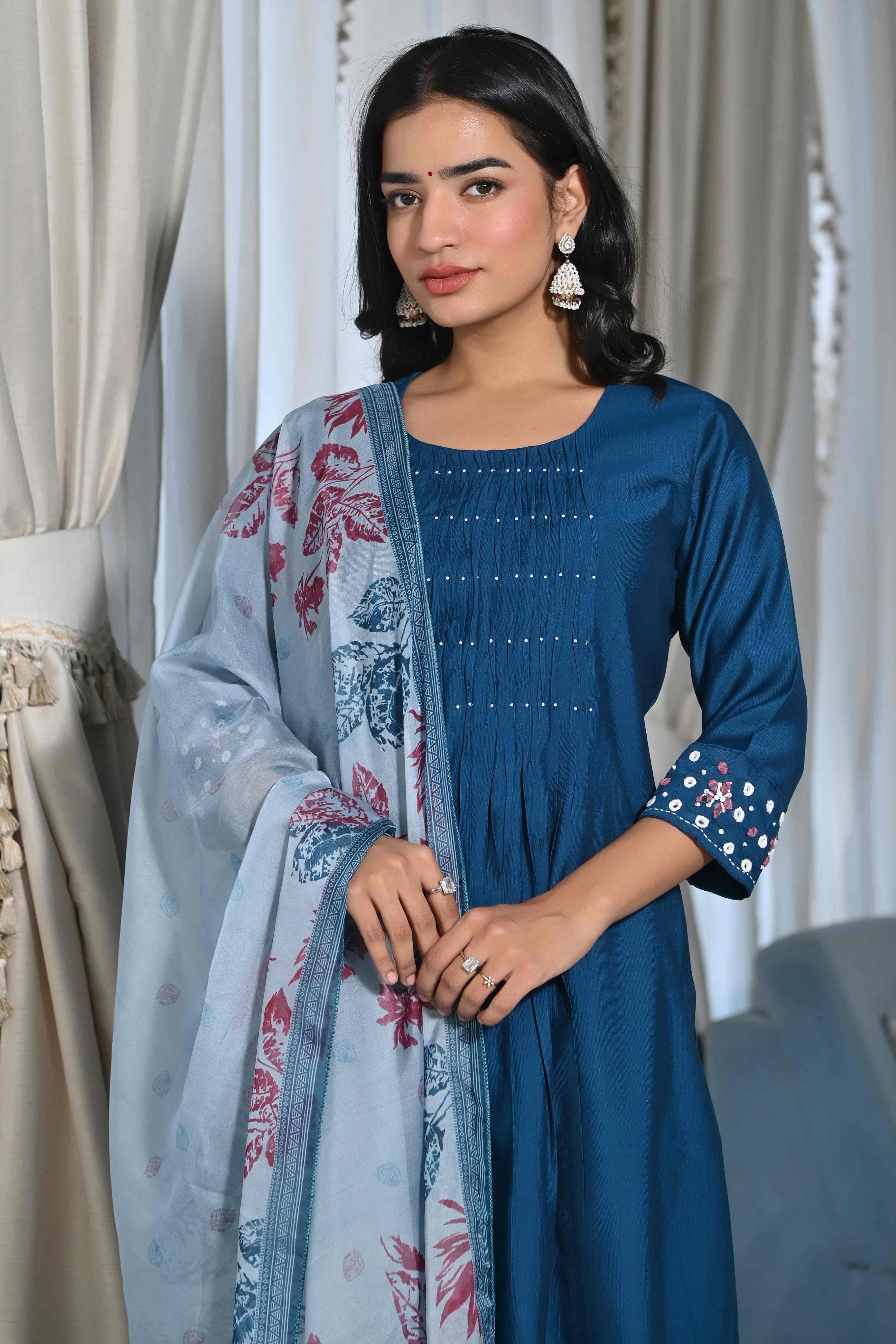 Blue Embroidered Viscose Salwar Suit