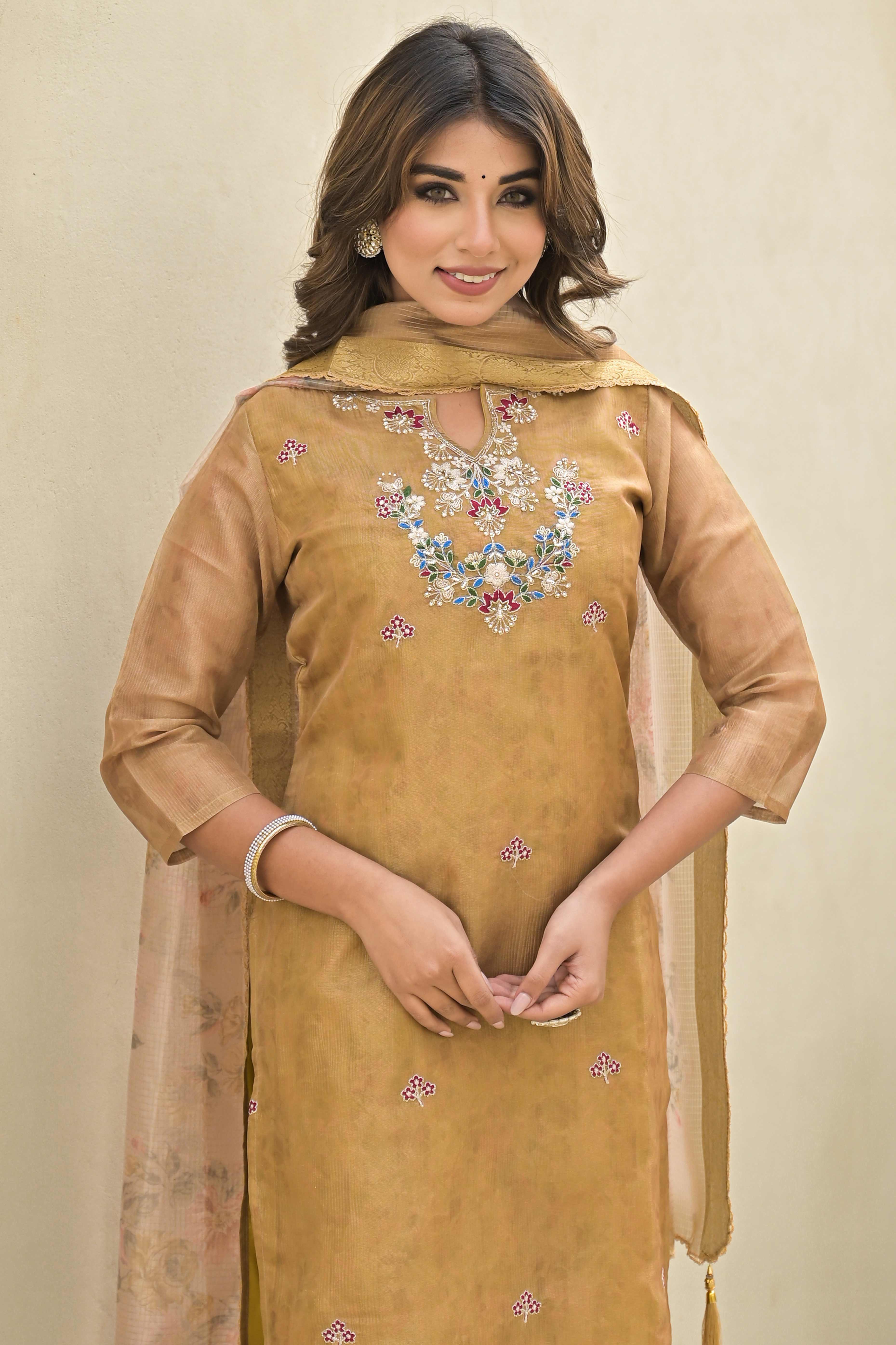 Golden Embroidered Crush Chanderi Salwar Suit