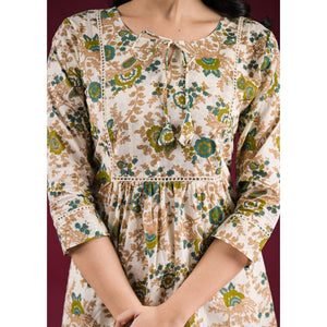 White Floral Printed Pure Cotton A-Line Top