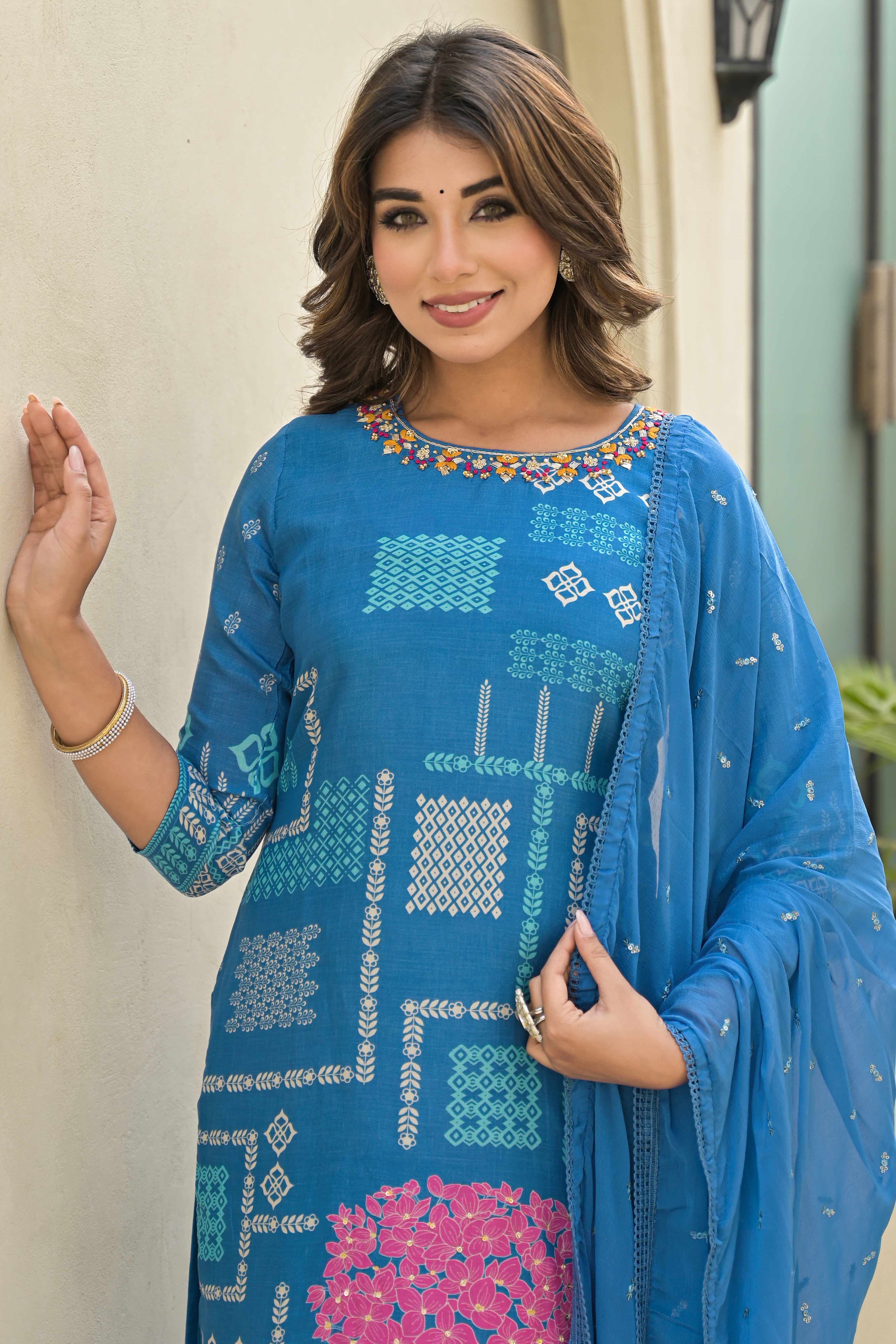 Blue Floral Printed Muslin Straight Salwar Suit