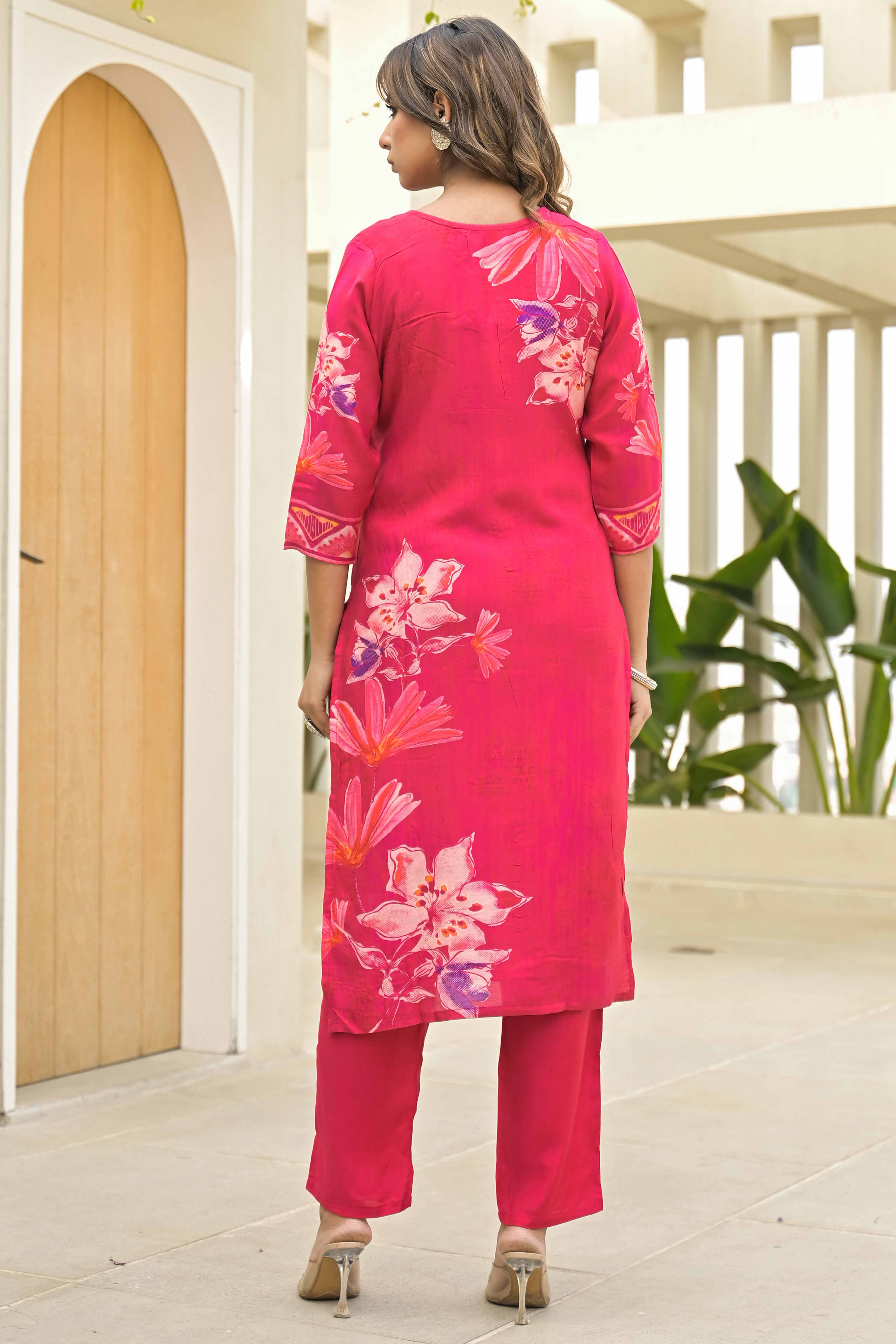 Pink Floral Printed Muslin Salwar Suit With Handwork