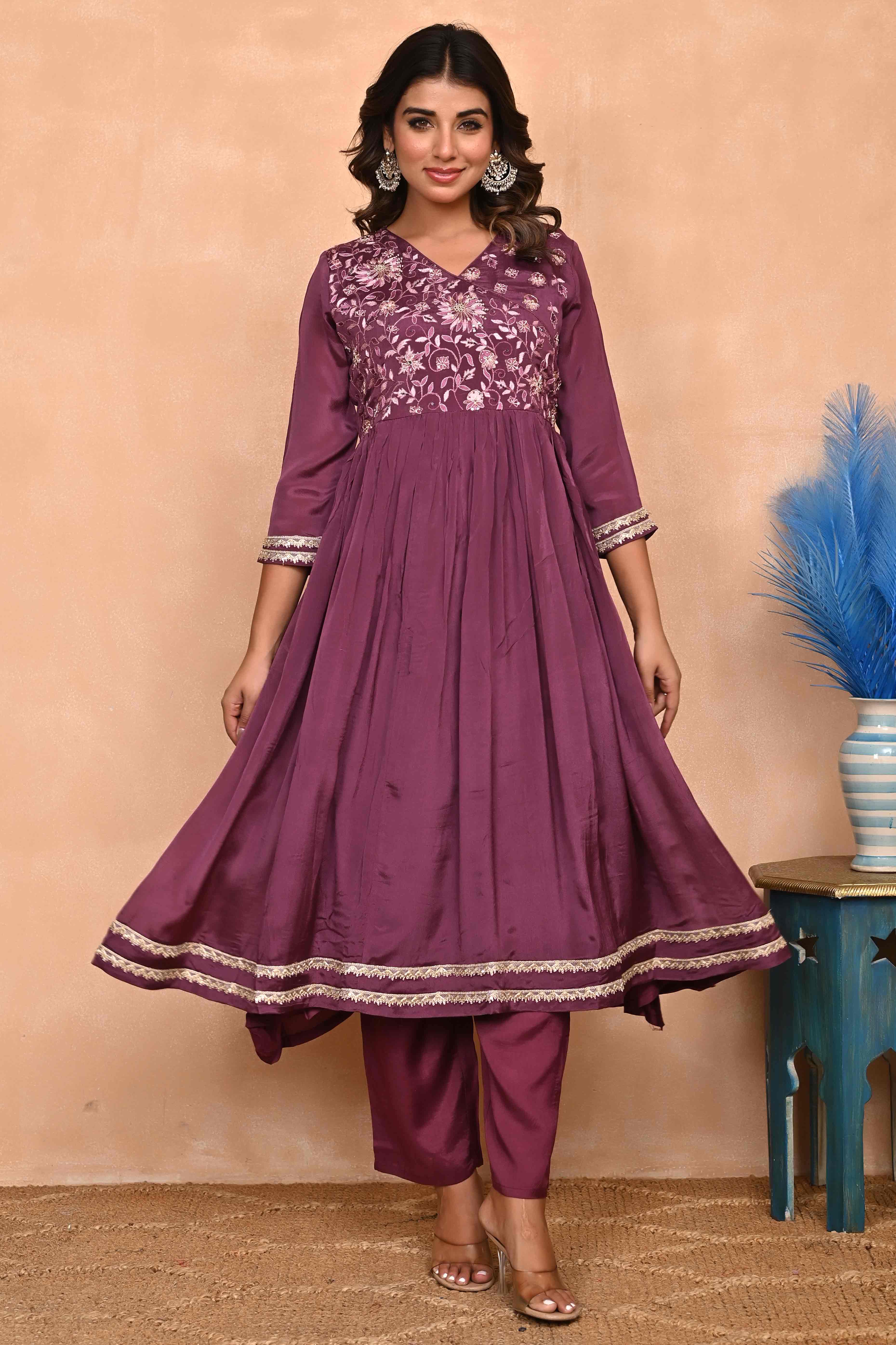 Plum Purple Chinon Anarkali with Floral Pattern & Hand-Beaded Embroidery