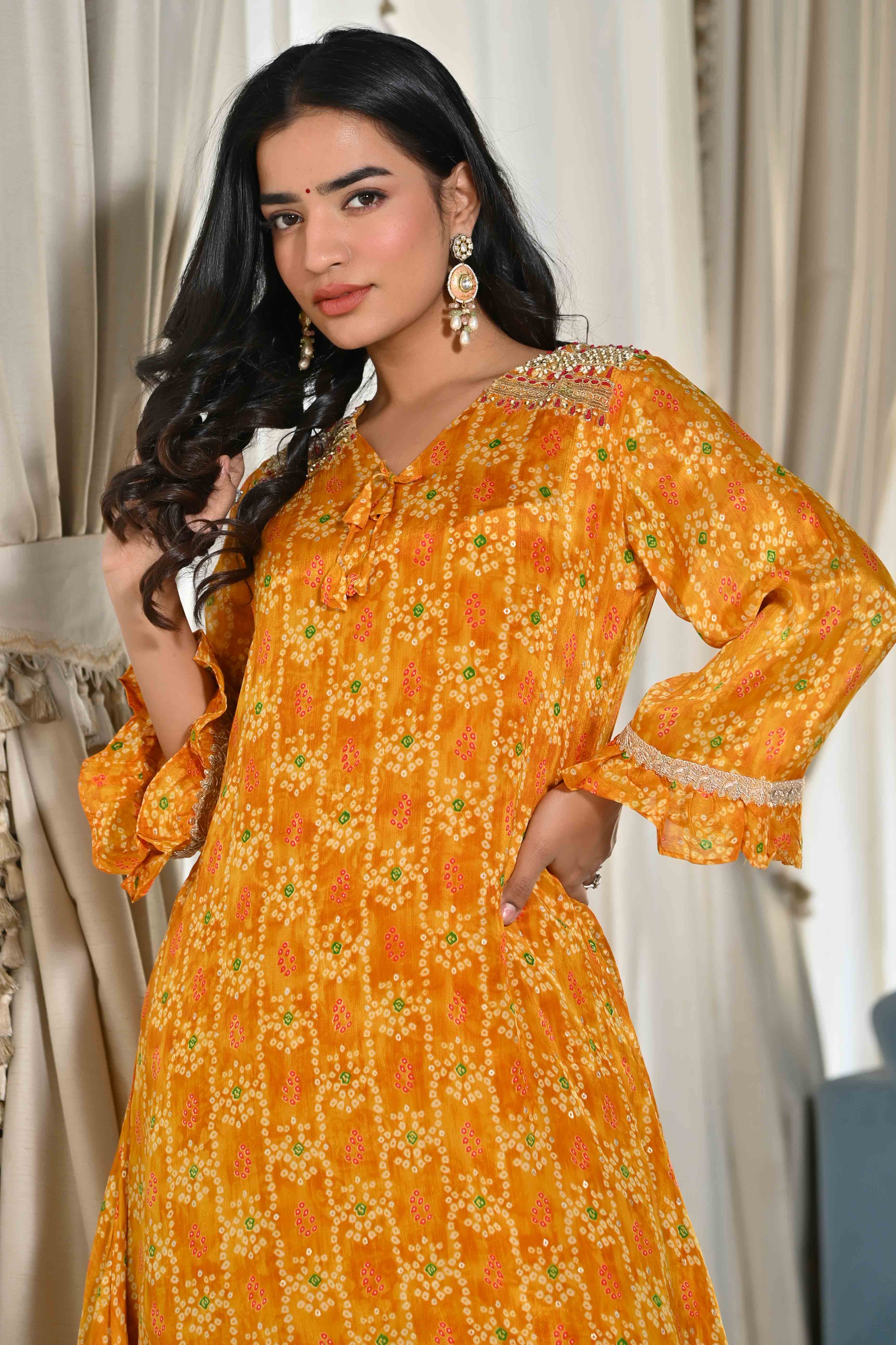 Mustard Bandhani Printed Chinon Co-Ord Set