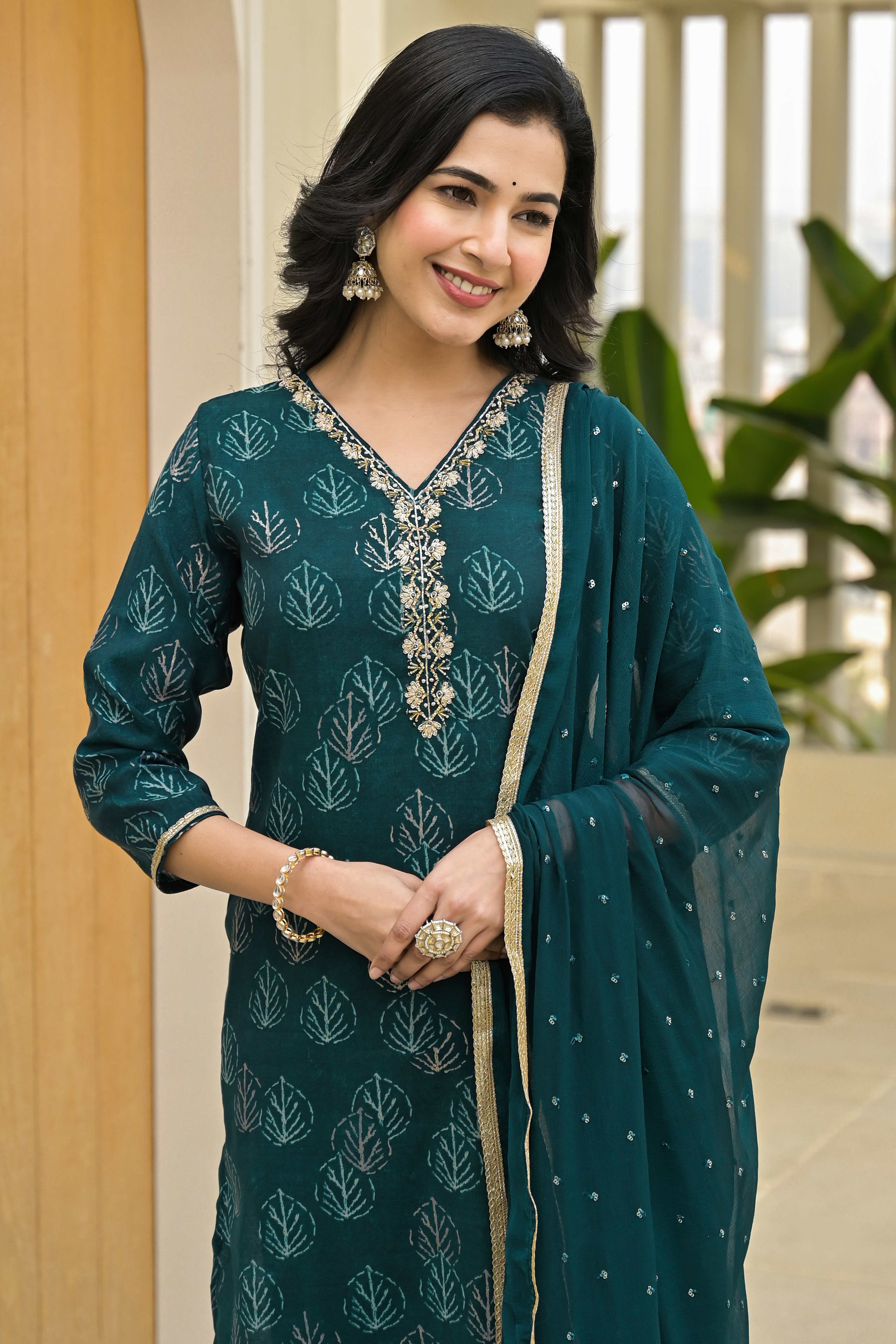 Teal Foil Printed Chanderi Straight Salwar Suit