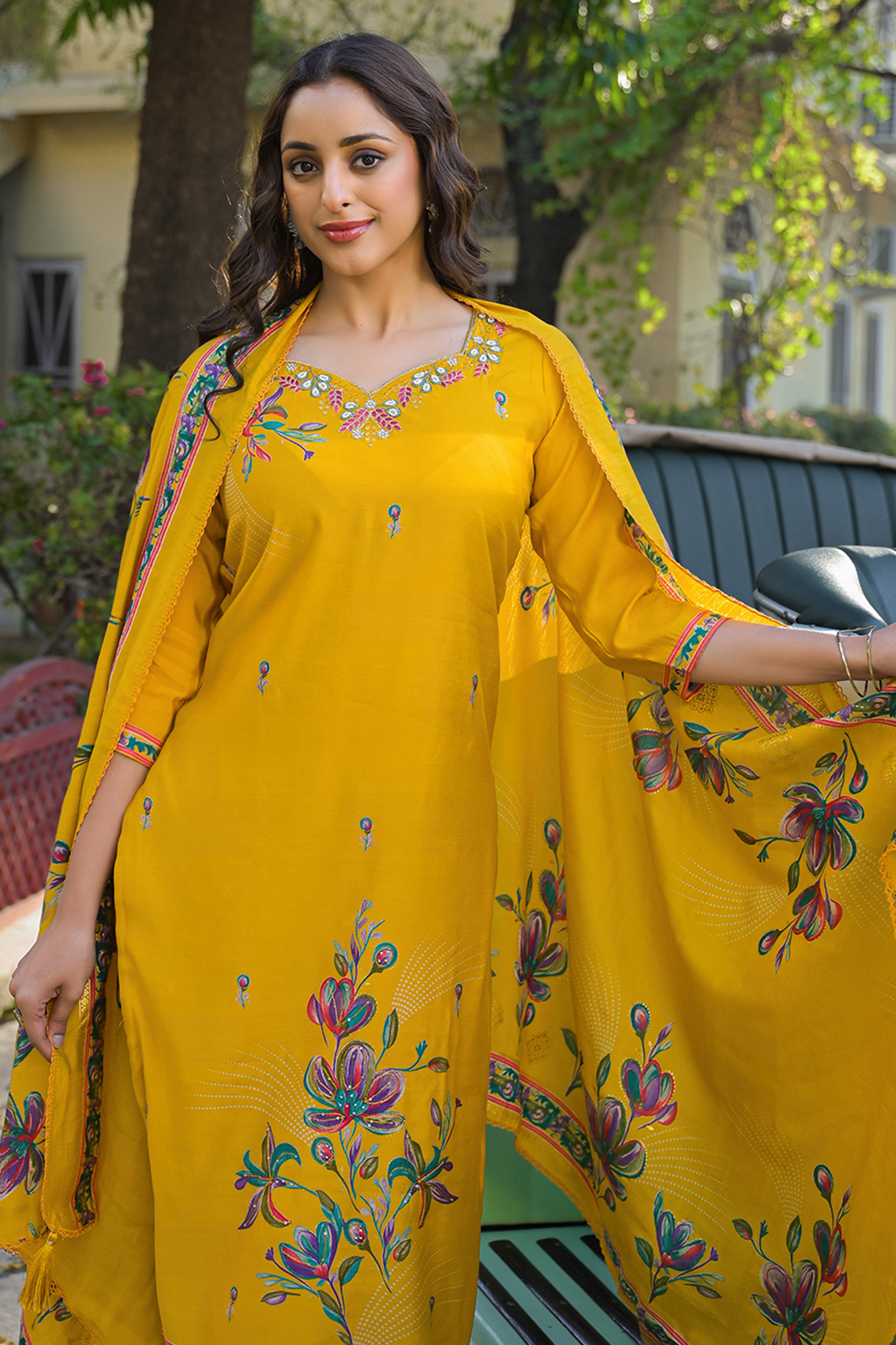 Mustard Floral Printed Thread Work Chanderi Silk Straight Salwar Suit