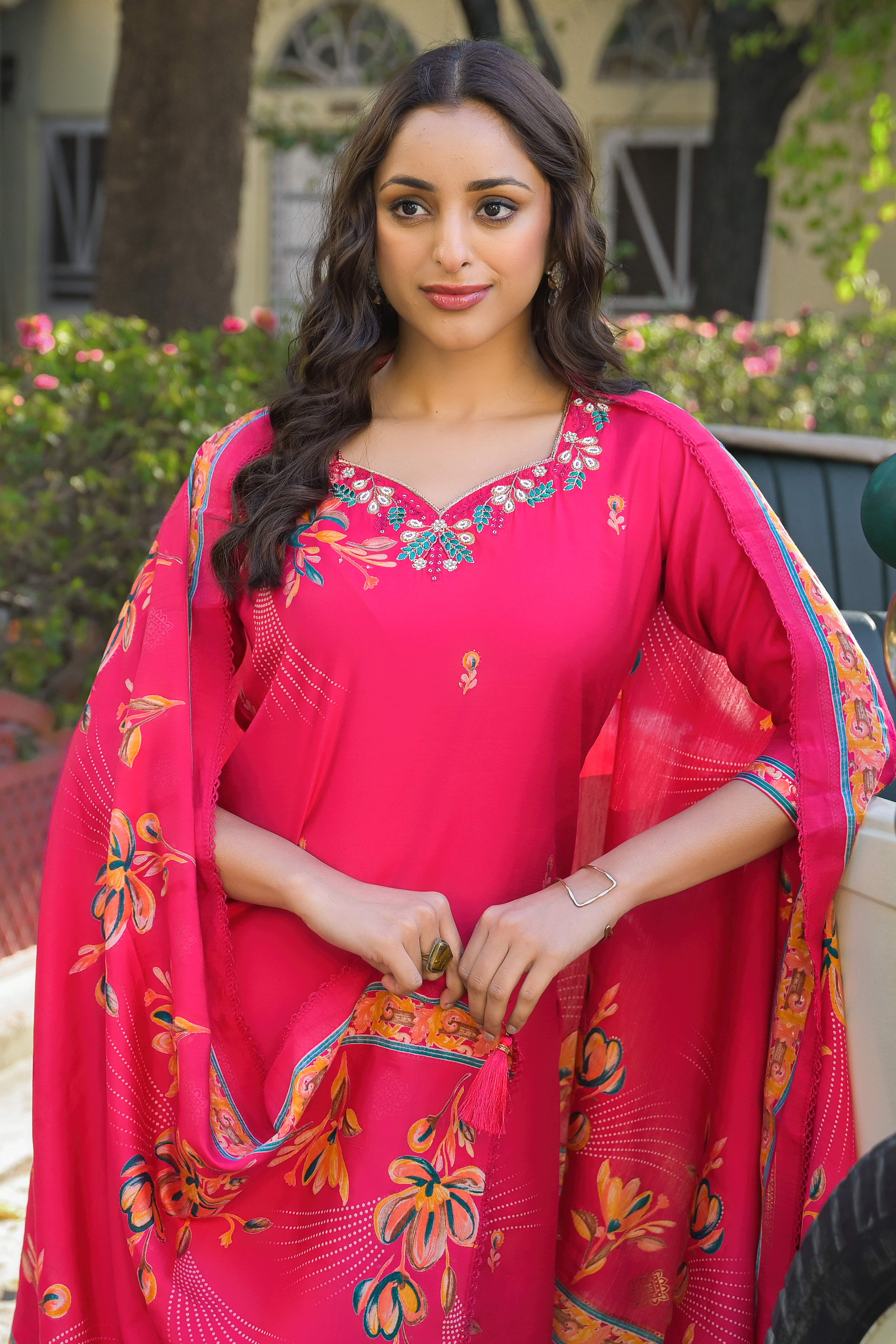 Pink Floral Printed Thread Work Chanderi Silk Straight Salwar Suit