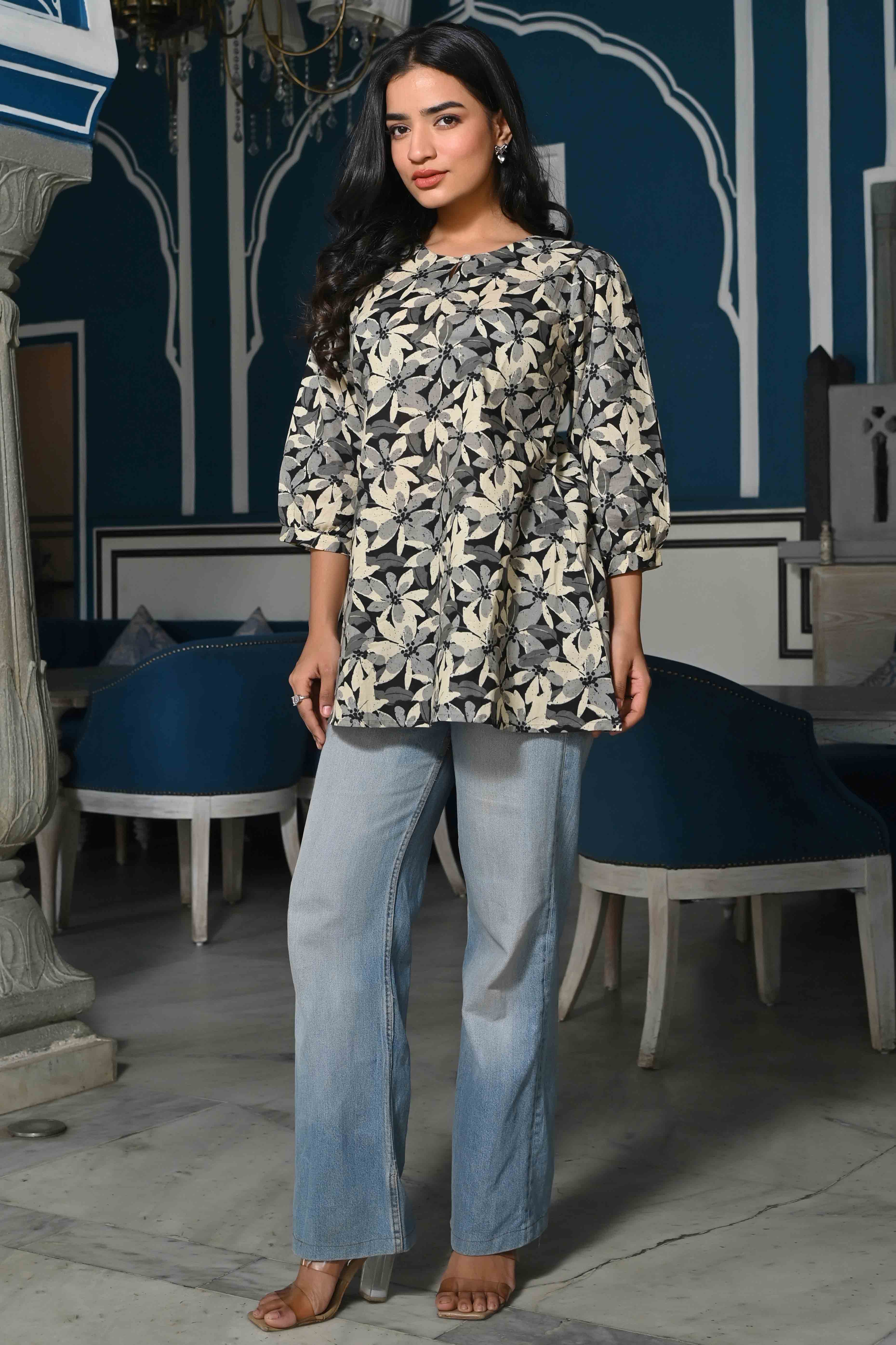 Black Floral Printed Pure Cotton A-Line Top