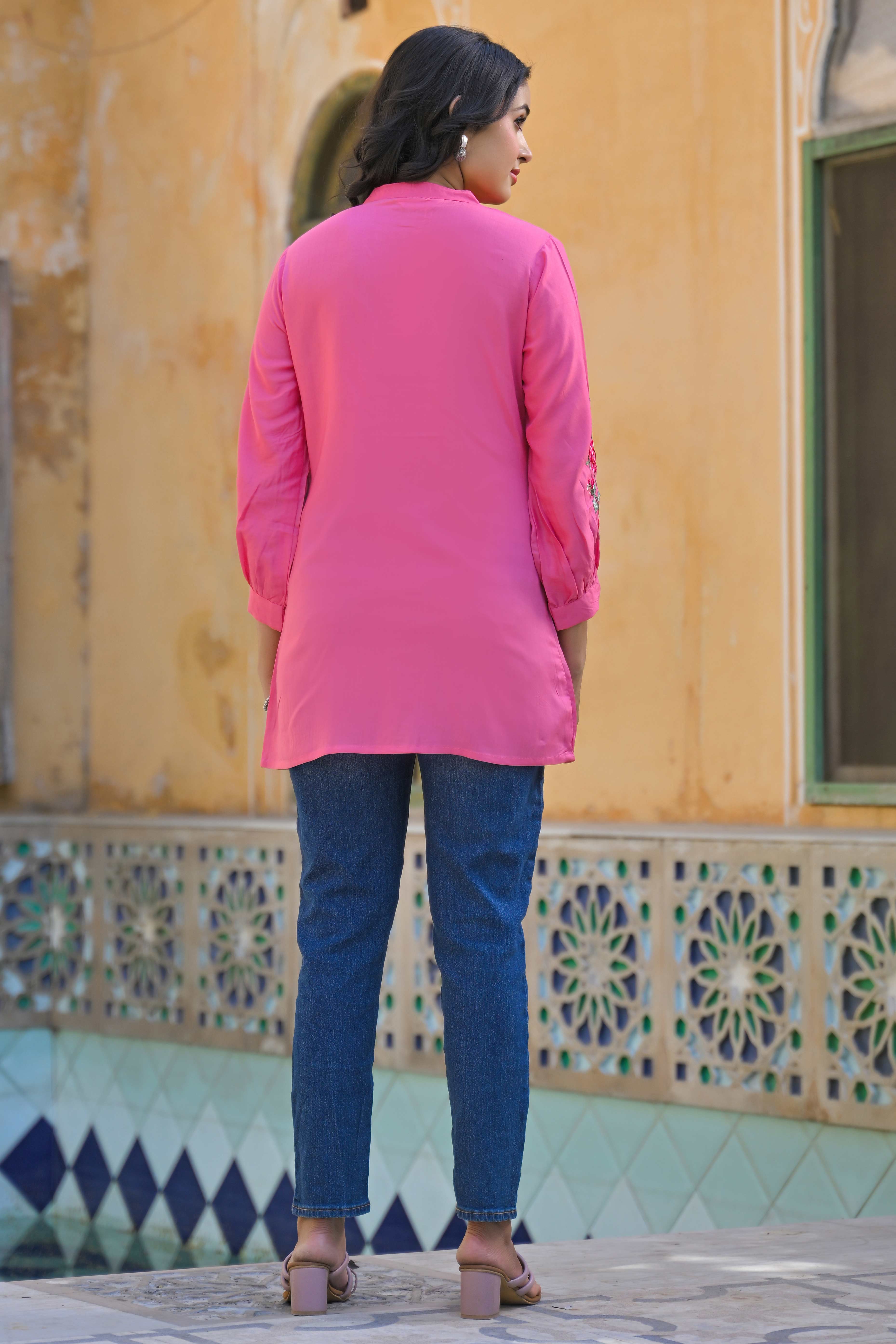 Pink Floral Embroidered Rayon Straight Top