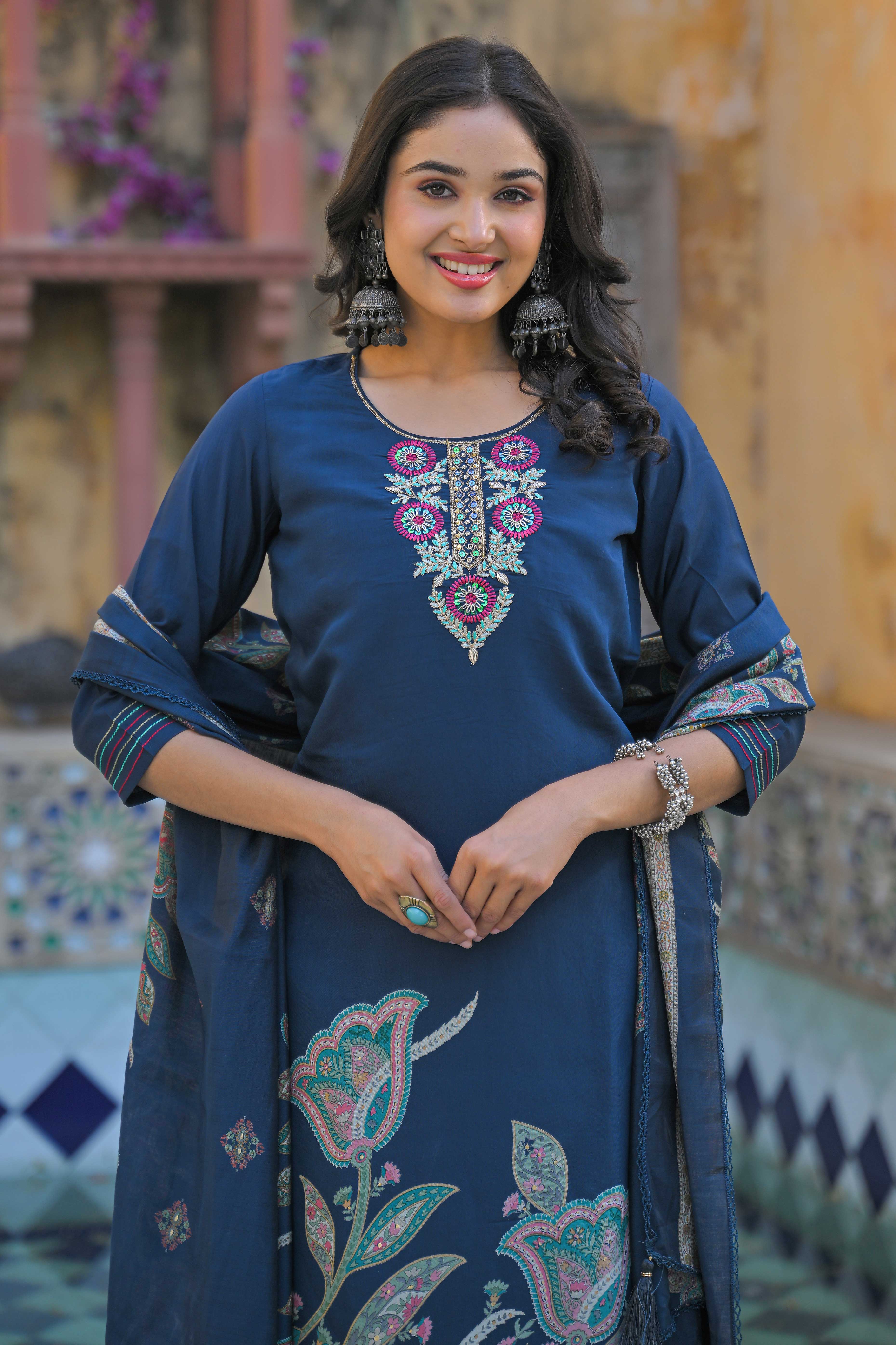 Traditional Morpich Blue Hand Embroidered Chanderi Silk Suit