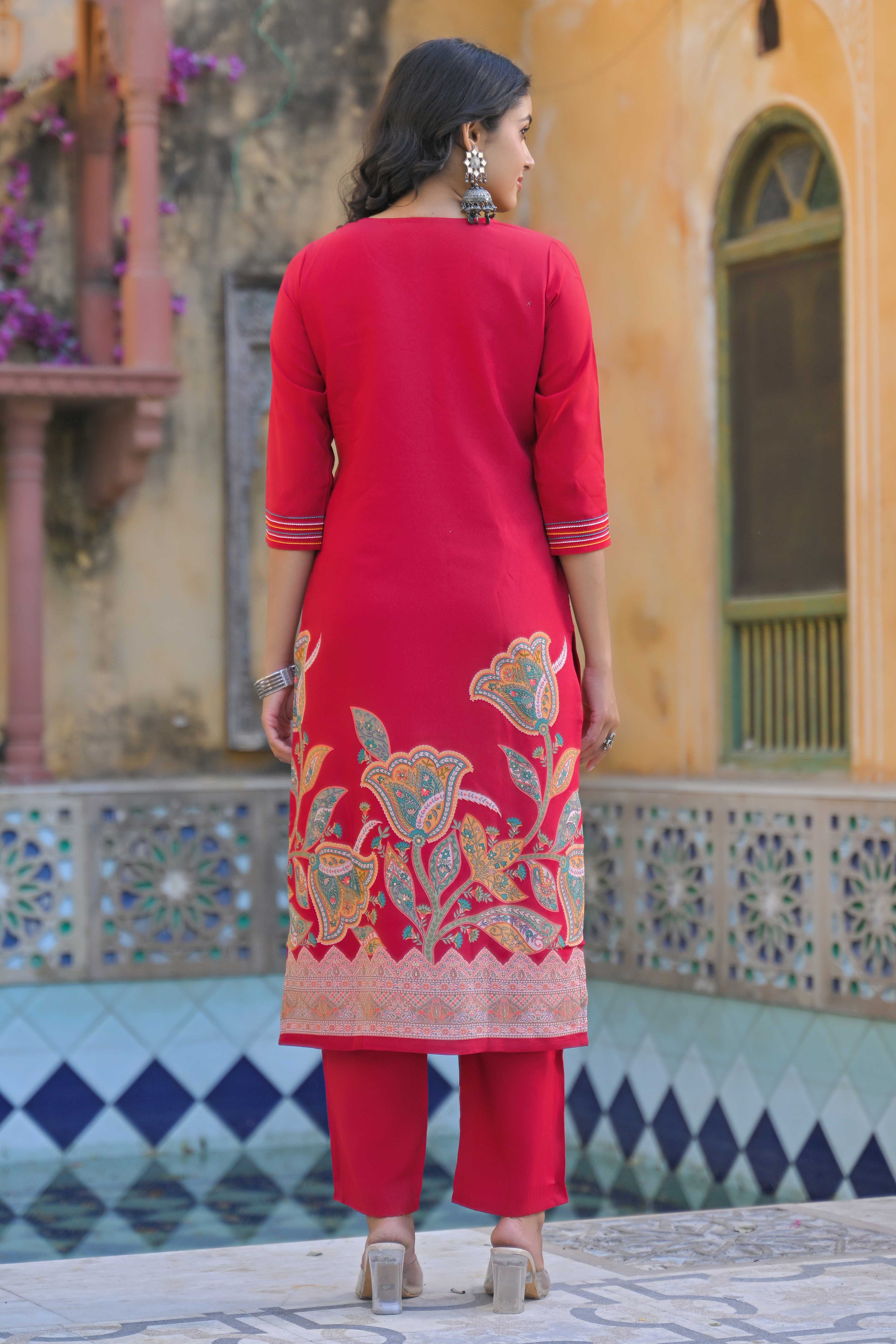 Pink Floral Handwork Embroidered Chanderi Silk Straight Salwar Suit
