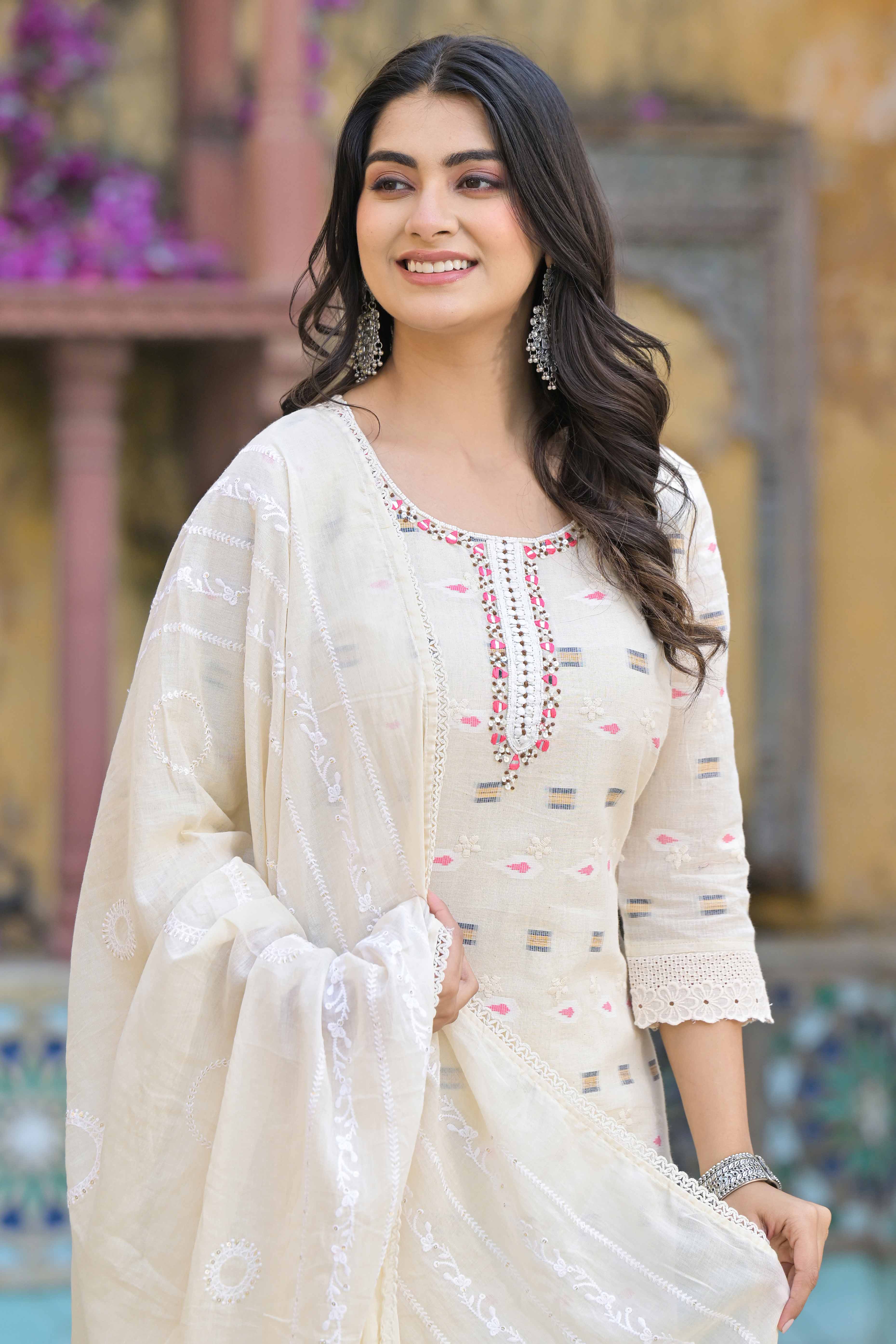 Off White Schiffli Work Embroidered Pure Cotton Salwar Suit