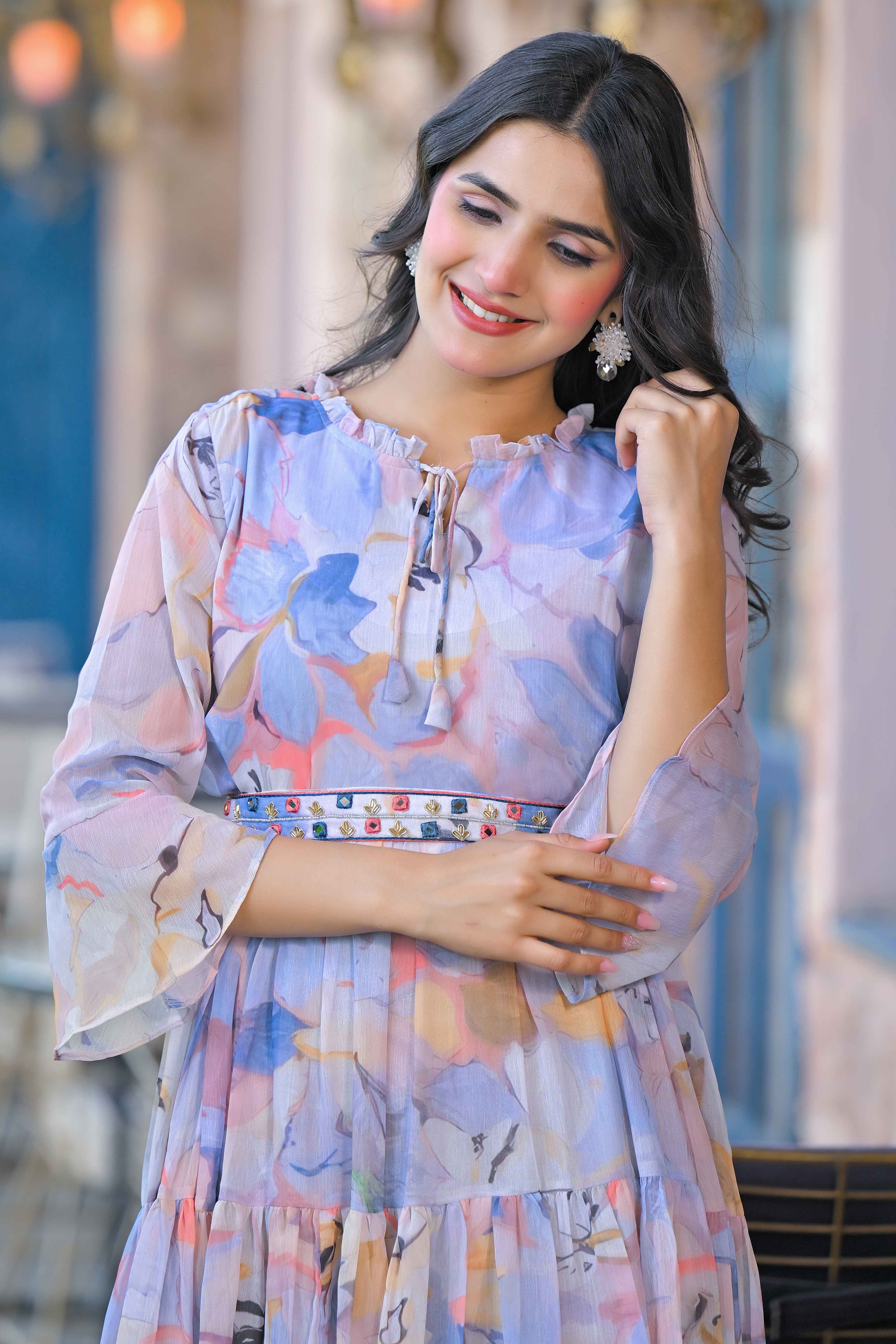 Multicolor Floral Printed Chiffon Maxi Dress With Waist Belt