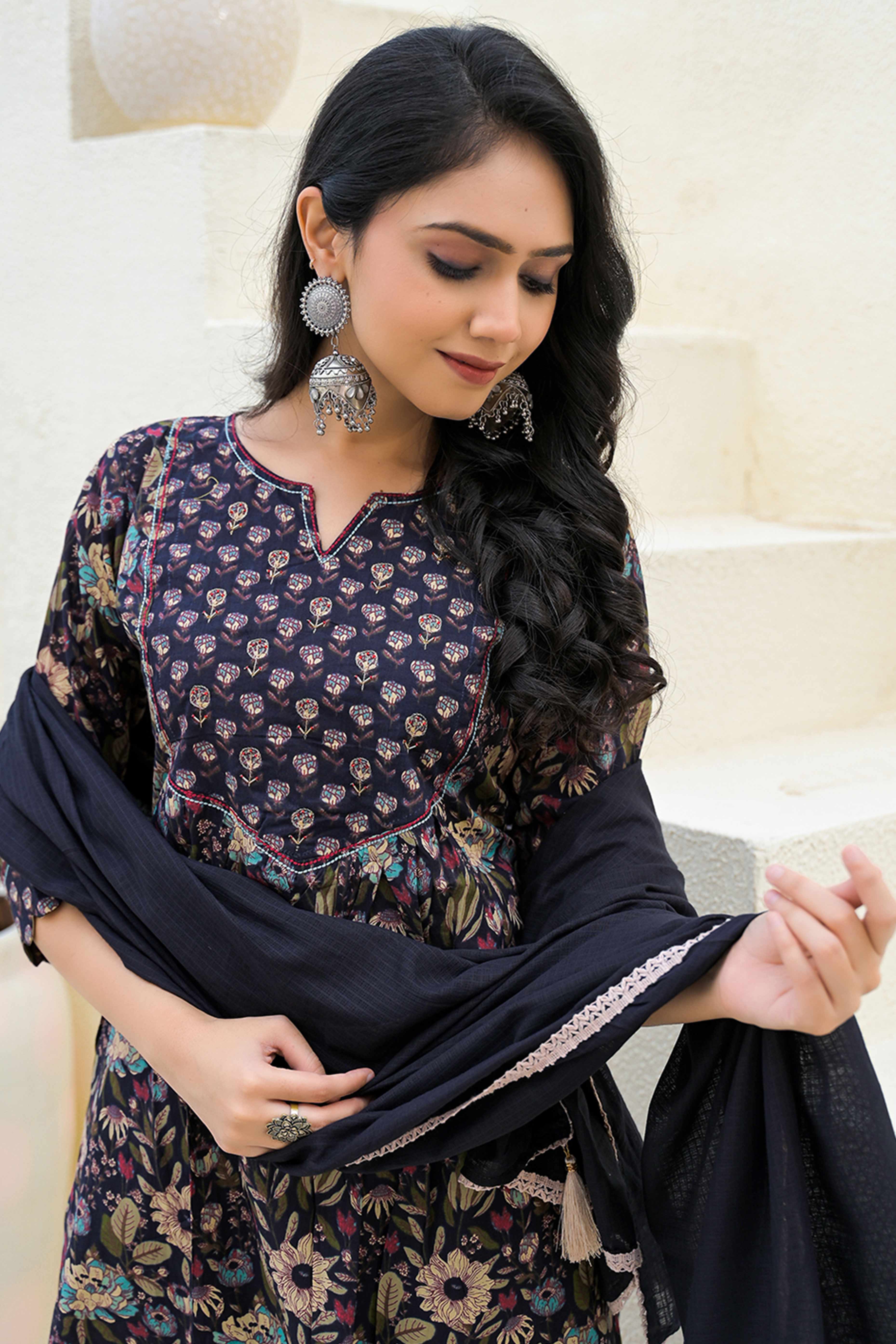 A-Line Style Black Cotton Salwar Suit with Blooming Floral Prints