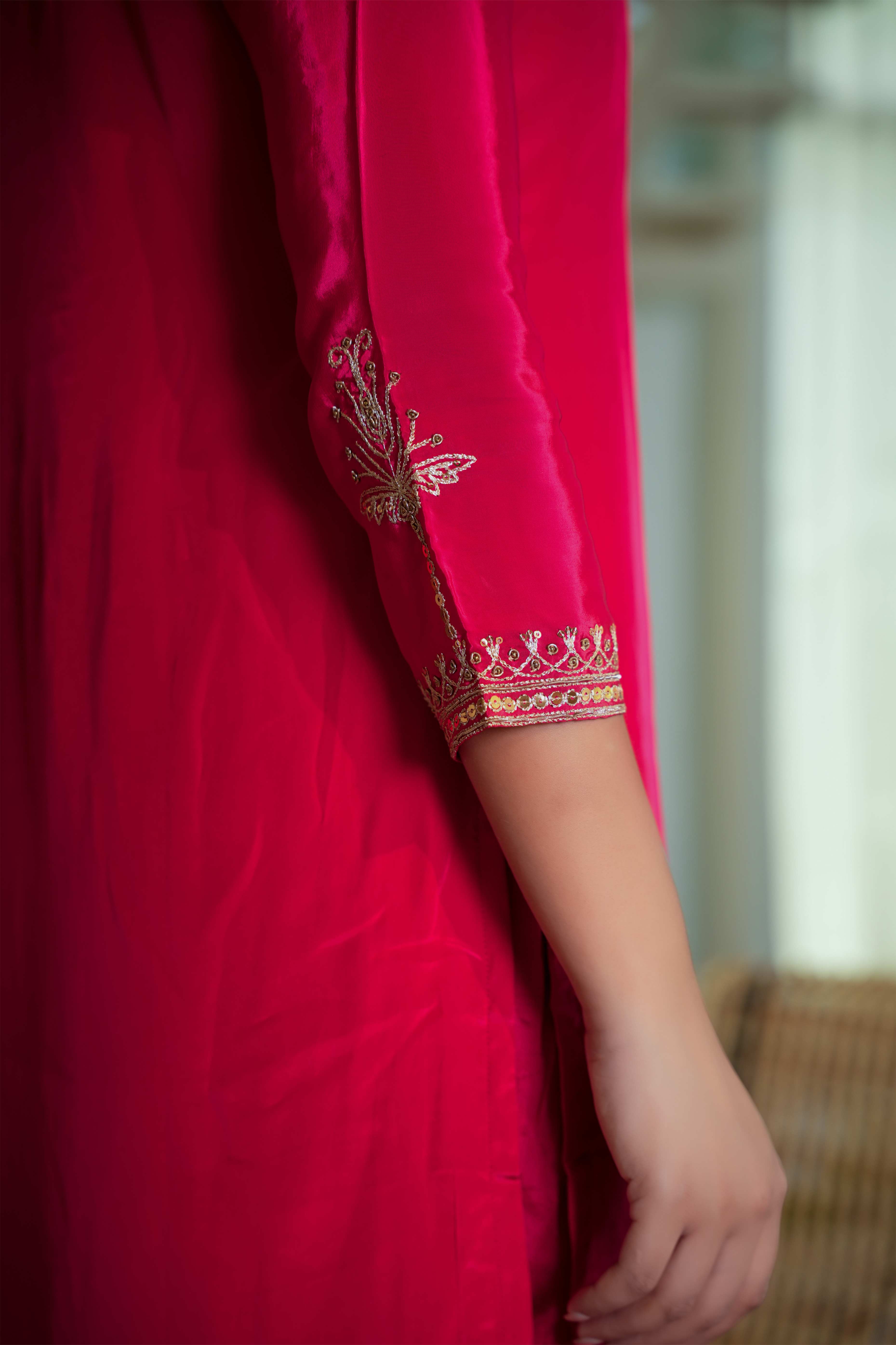 Glamorous Red Crepe Straight Suit with Intricate Sequin Embroidery