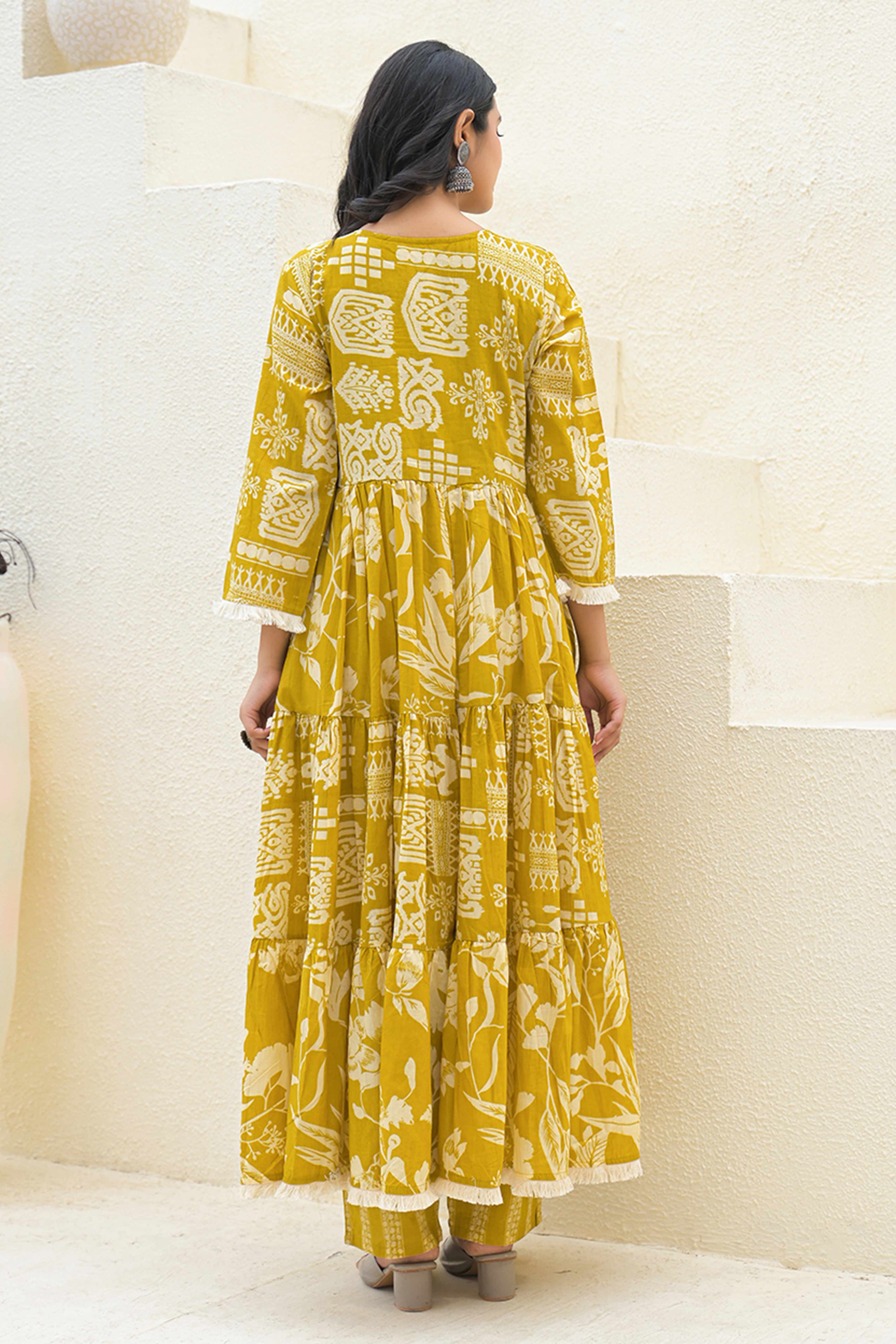 Traditional Printed Mustard Anarkali Salwar Suit with Delicate Embroidery in Cotton Fabric