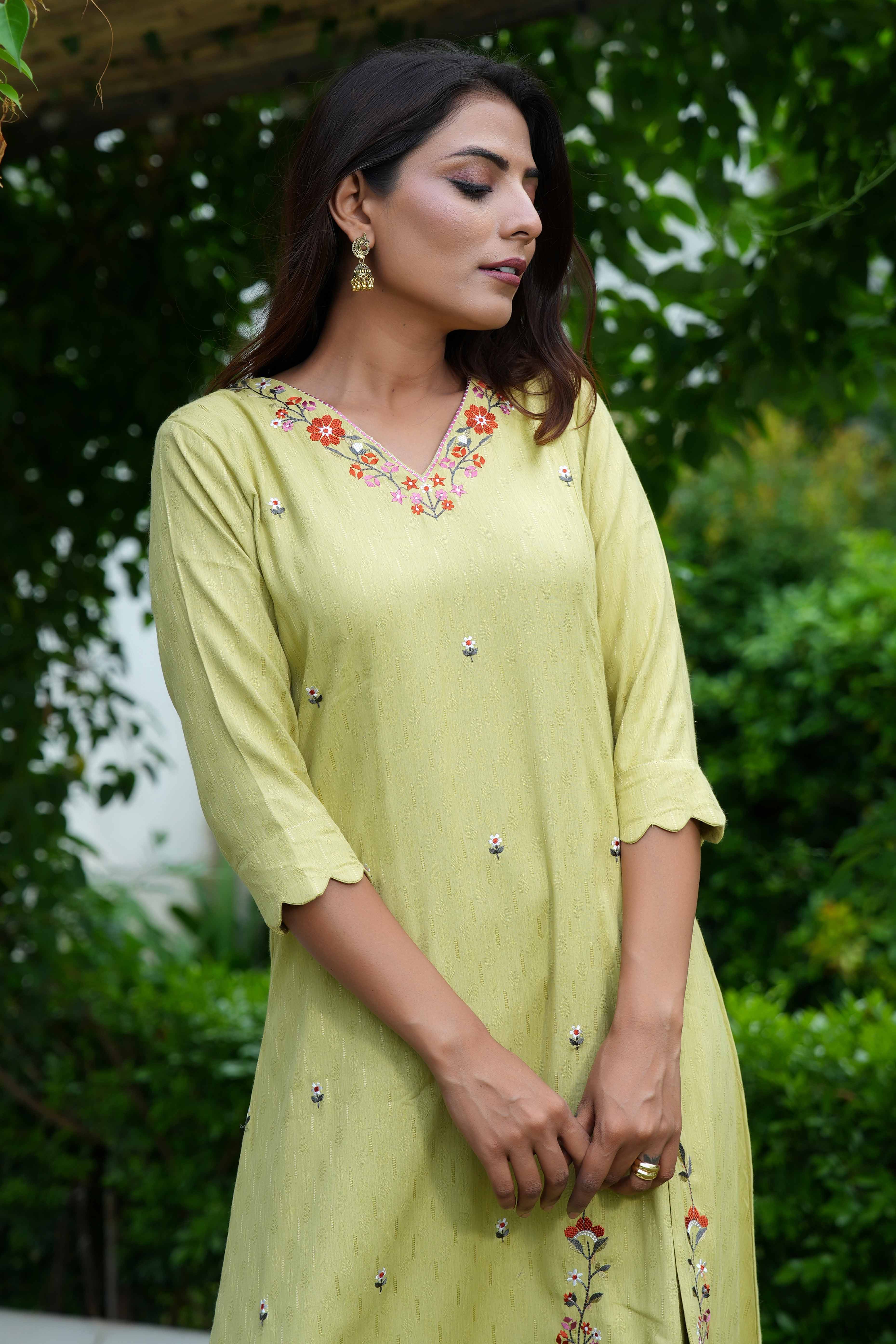 Light Green A-Line Top and Bottom Set in Dobby Rayon with Intricate Floral Embroidery