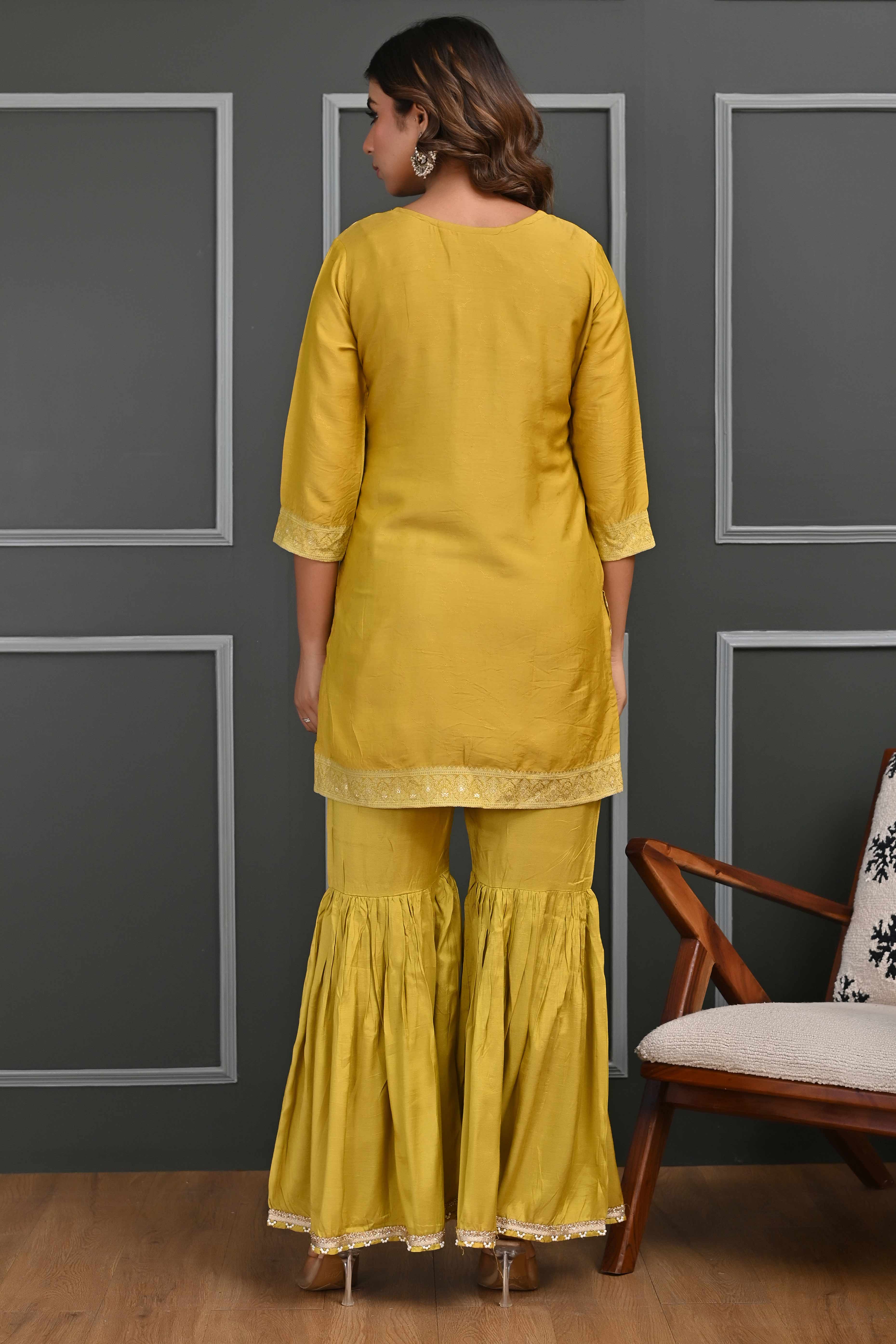 Vibrant Mustard Zari Weaving Cotton Silk Sharara Suit Ensemble