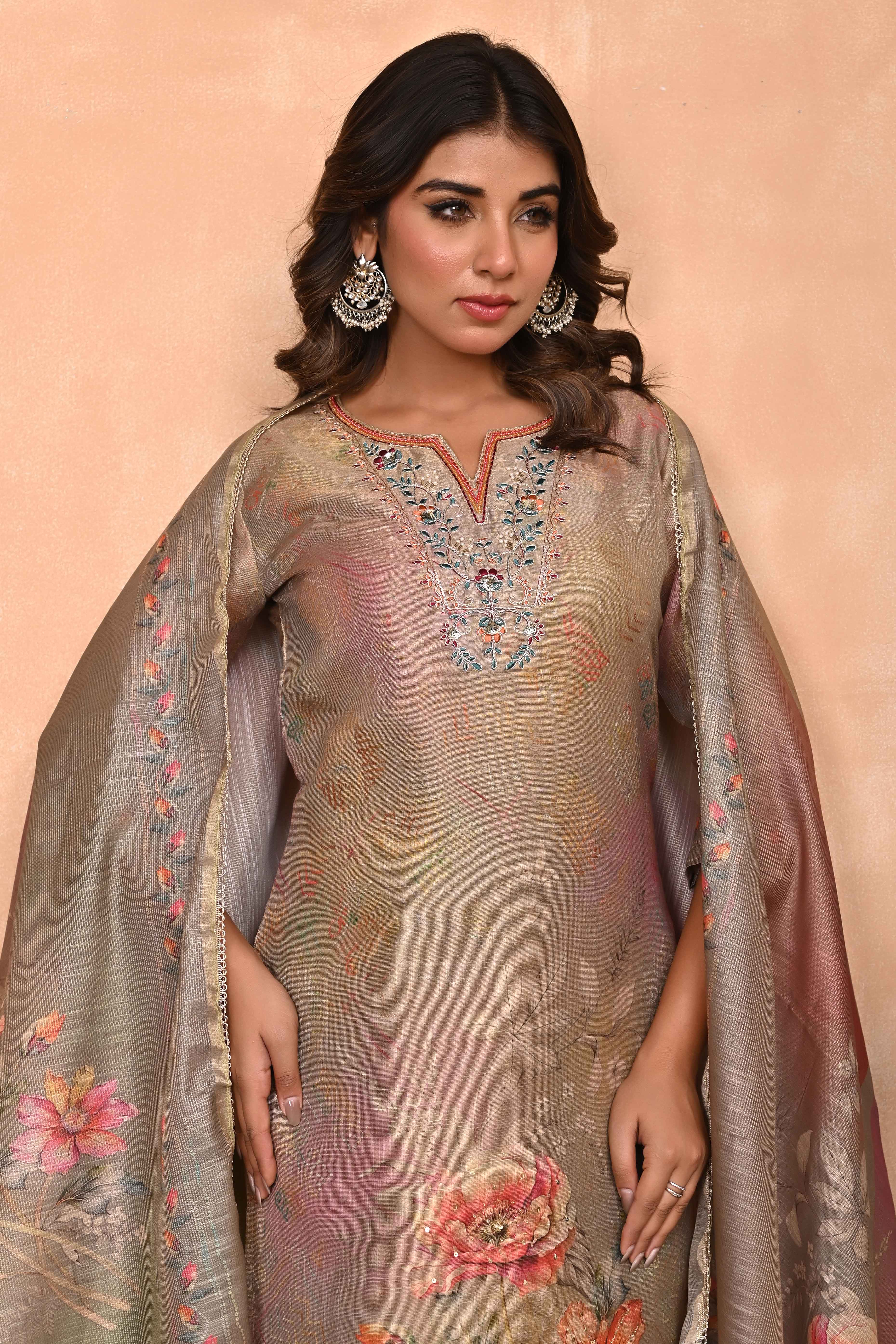 Stylish Olive Straight Cut Suit with Elegant Embroidery on Shimmer Linen