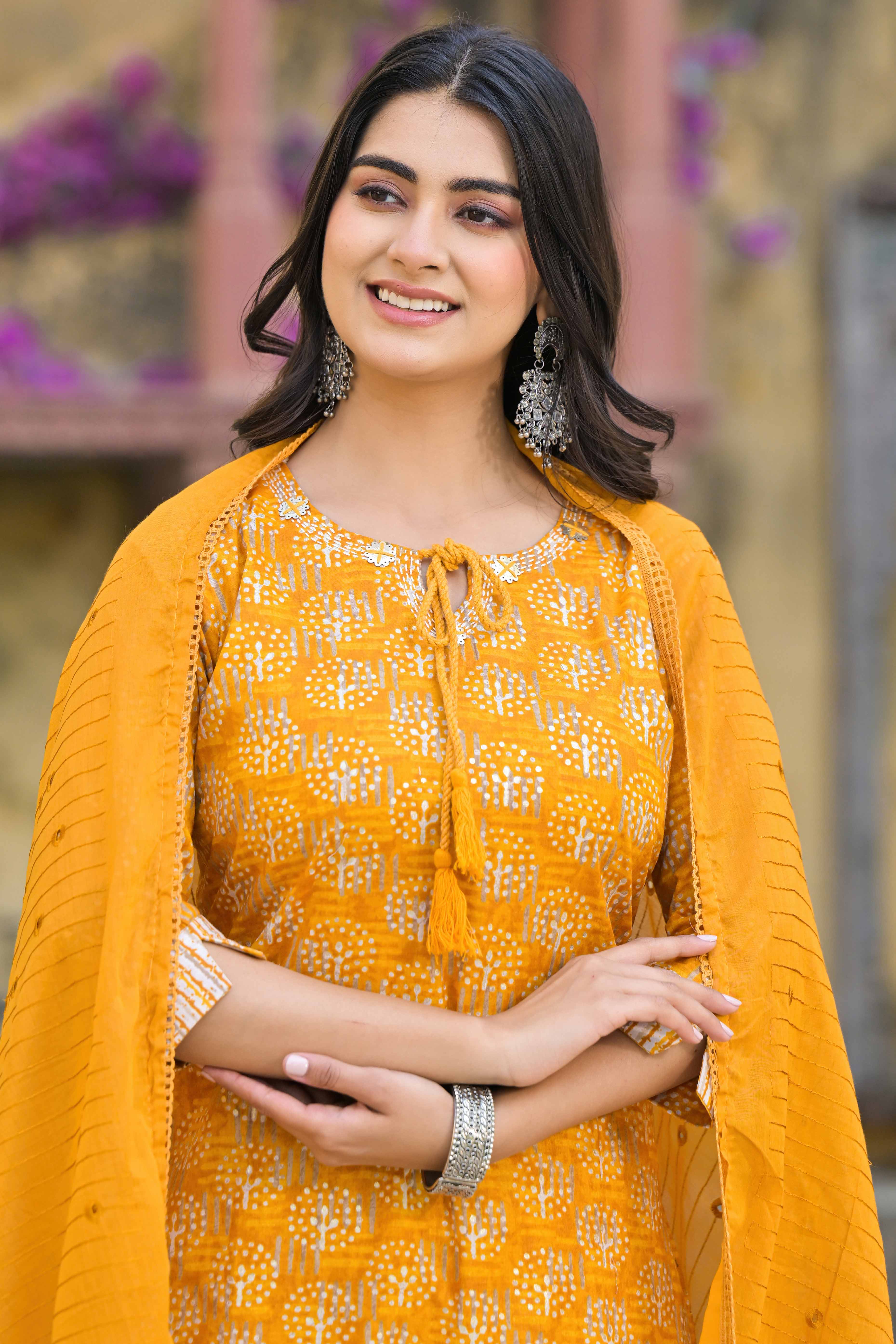 Mustard Floral Printed Pure Cotton Straight Salwar Suit