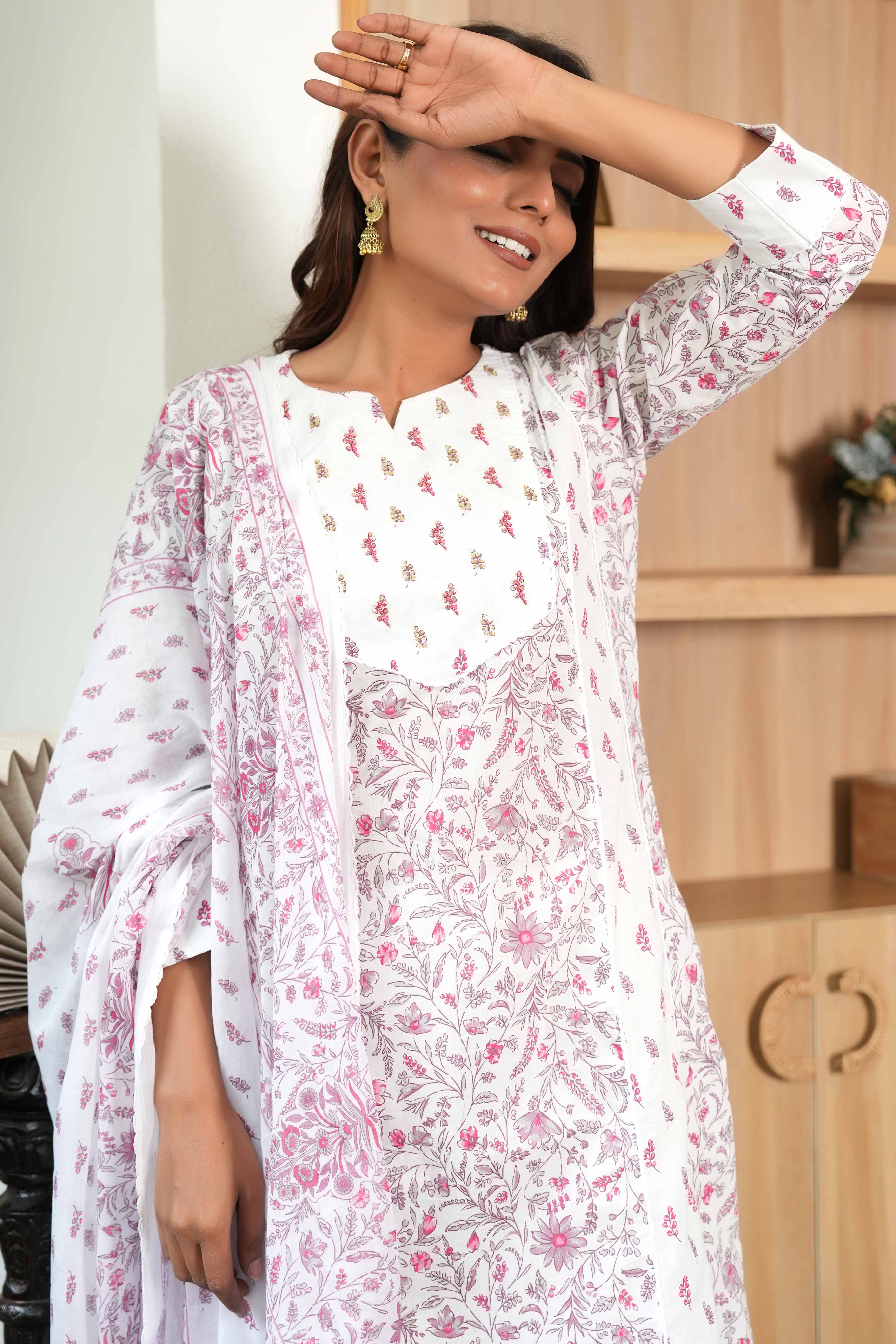 White A-Line Suit in Pure Cotton Featuring Subtle Floral Patterns