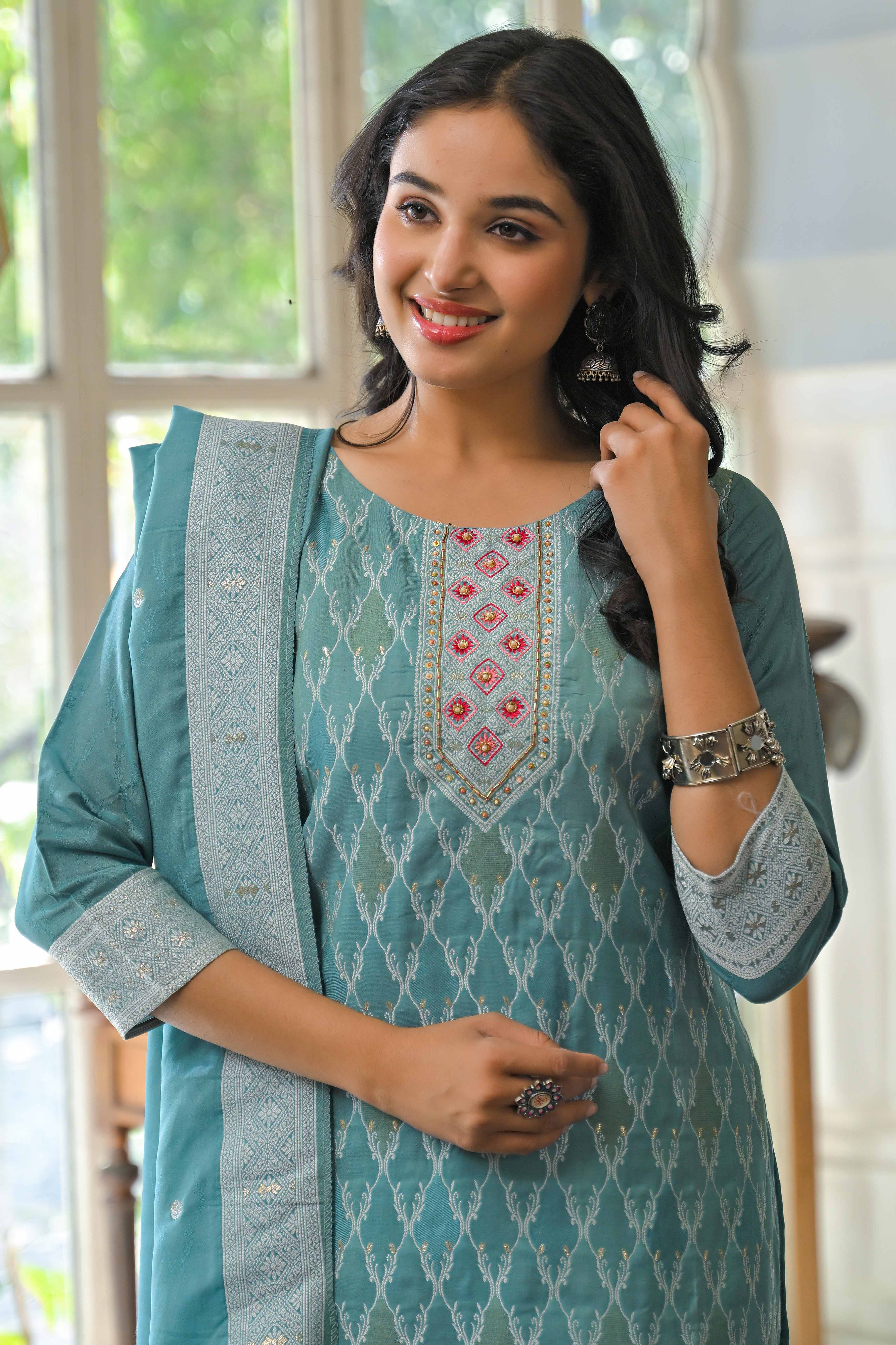Dark Turquoise Woven With Handwork Jacquard Straight Salwar Suit