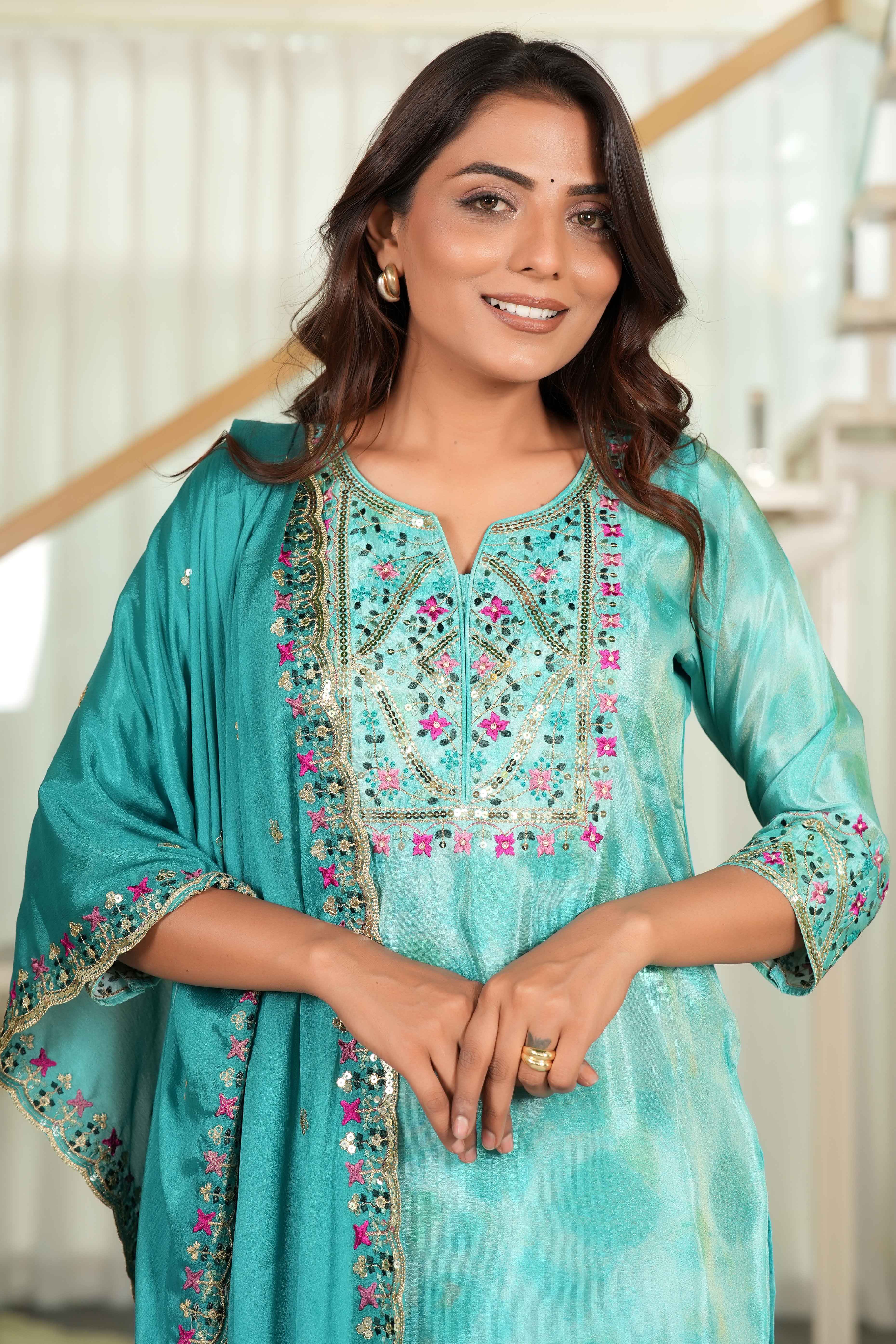 Turquoise Embroidered Organza Sharara Set with Delicate Floral Sequins