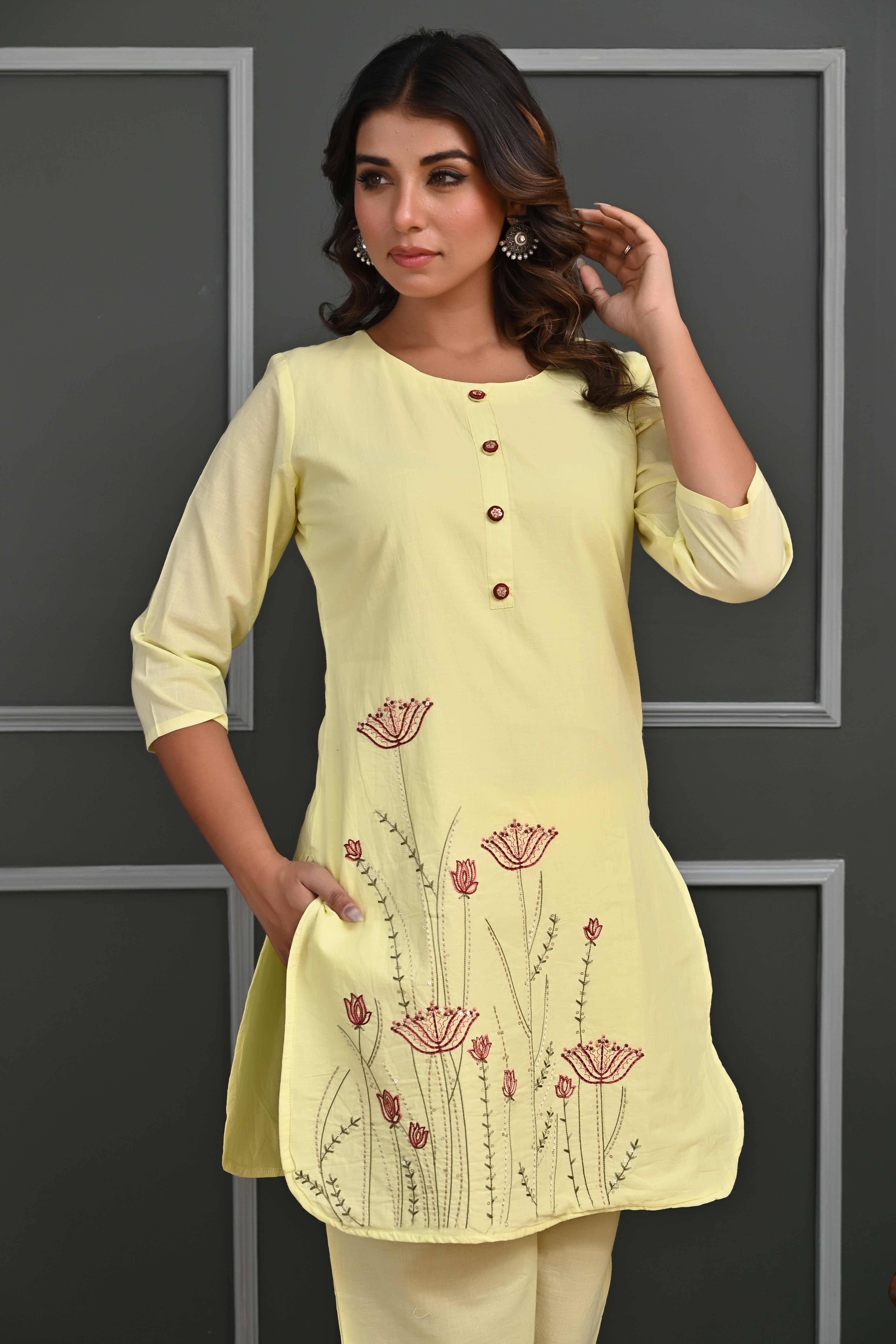 Radiant Yellow Floral Embroidered Co-Ord Set in Breathable Cotton for Stylish Comfort