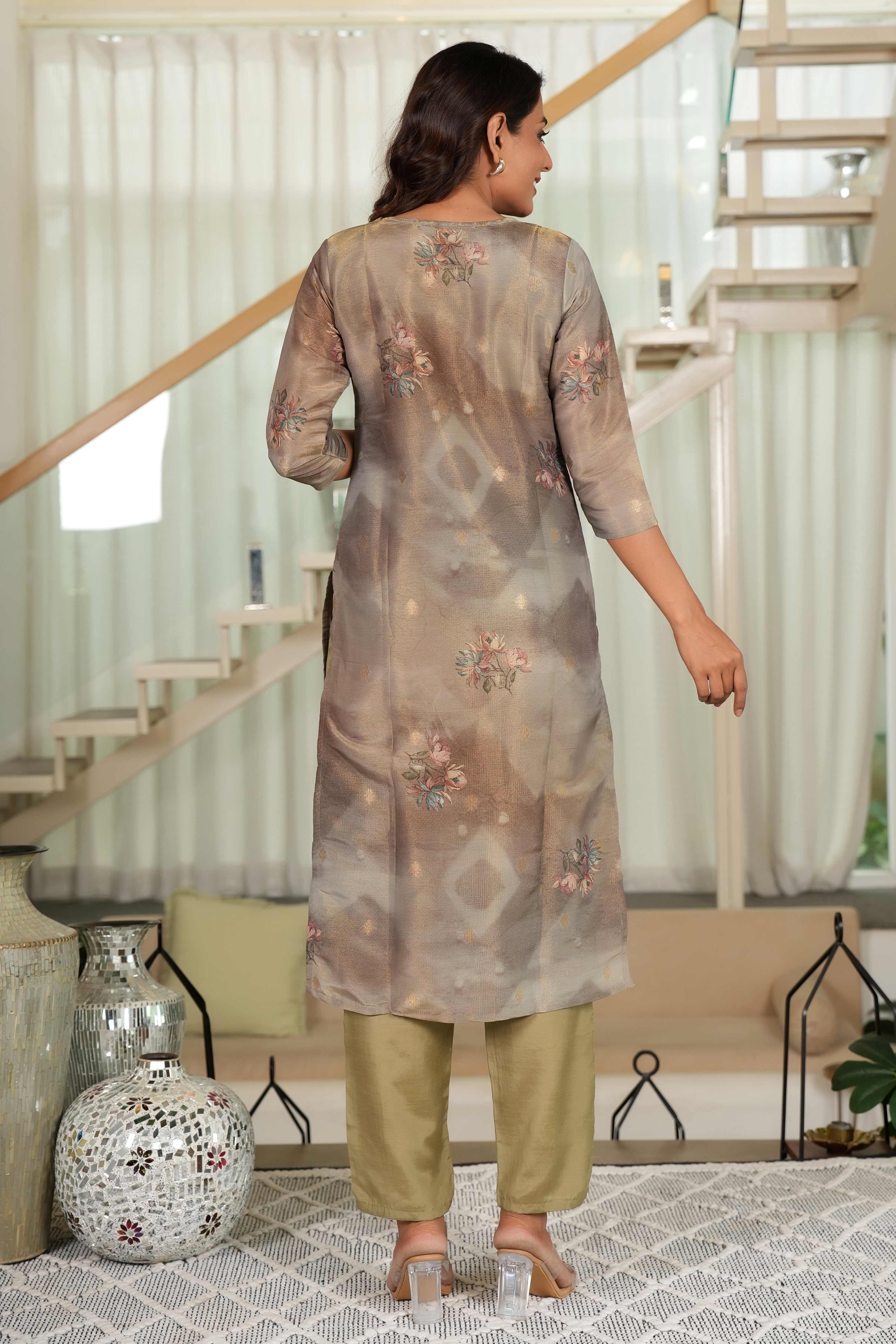 Dark Olive Shimmer Chanderi Silk Suit with Floral Digital Work & Subtle Hand Embroidery