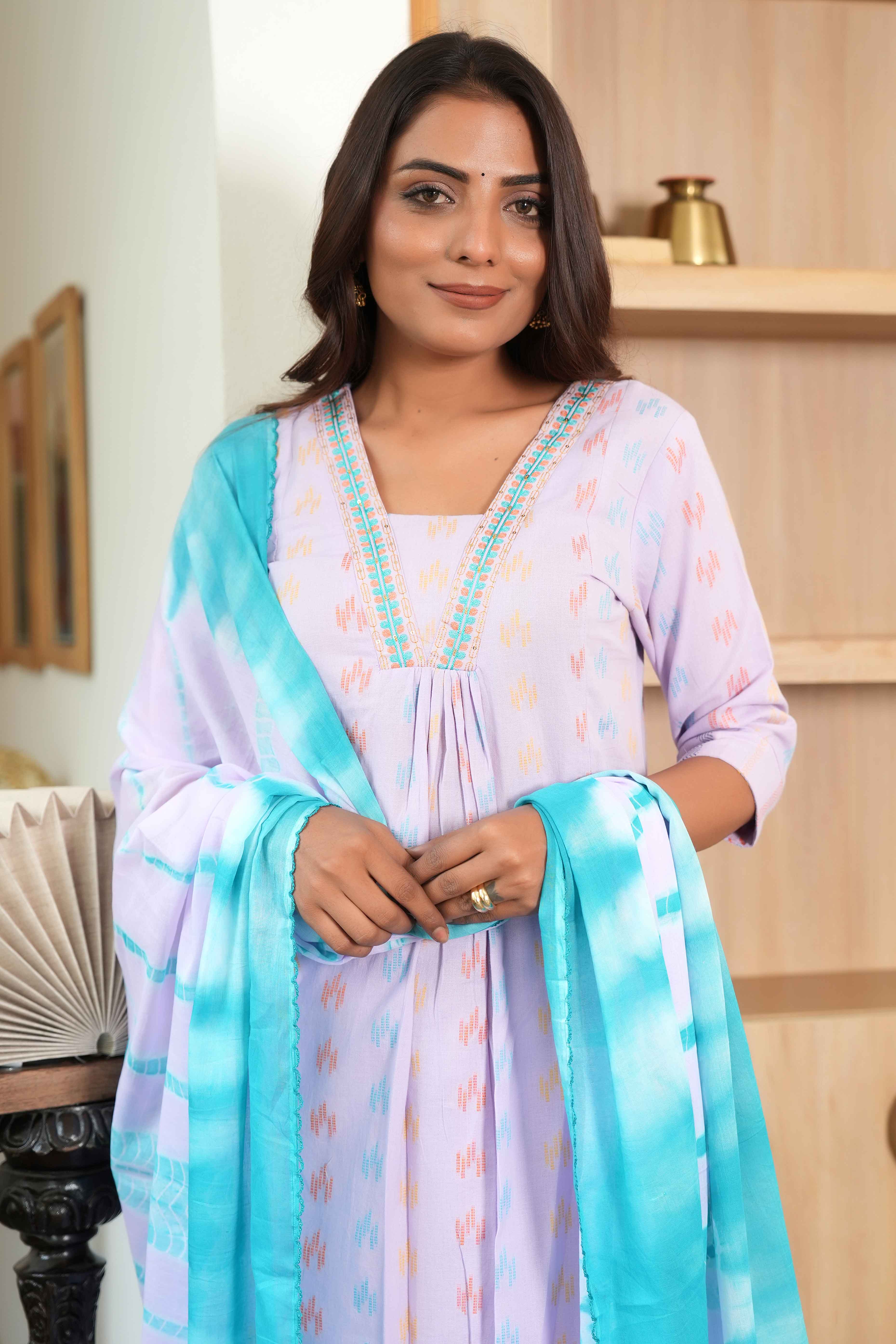 Lavender Textured Weave Pure Cotton Kurta Set – A-Line Style