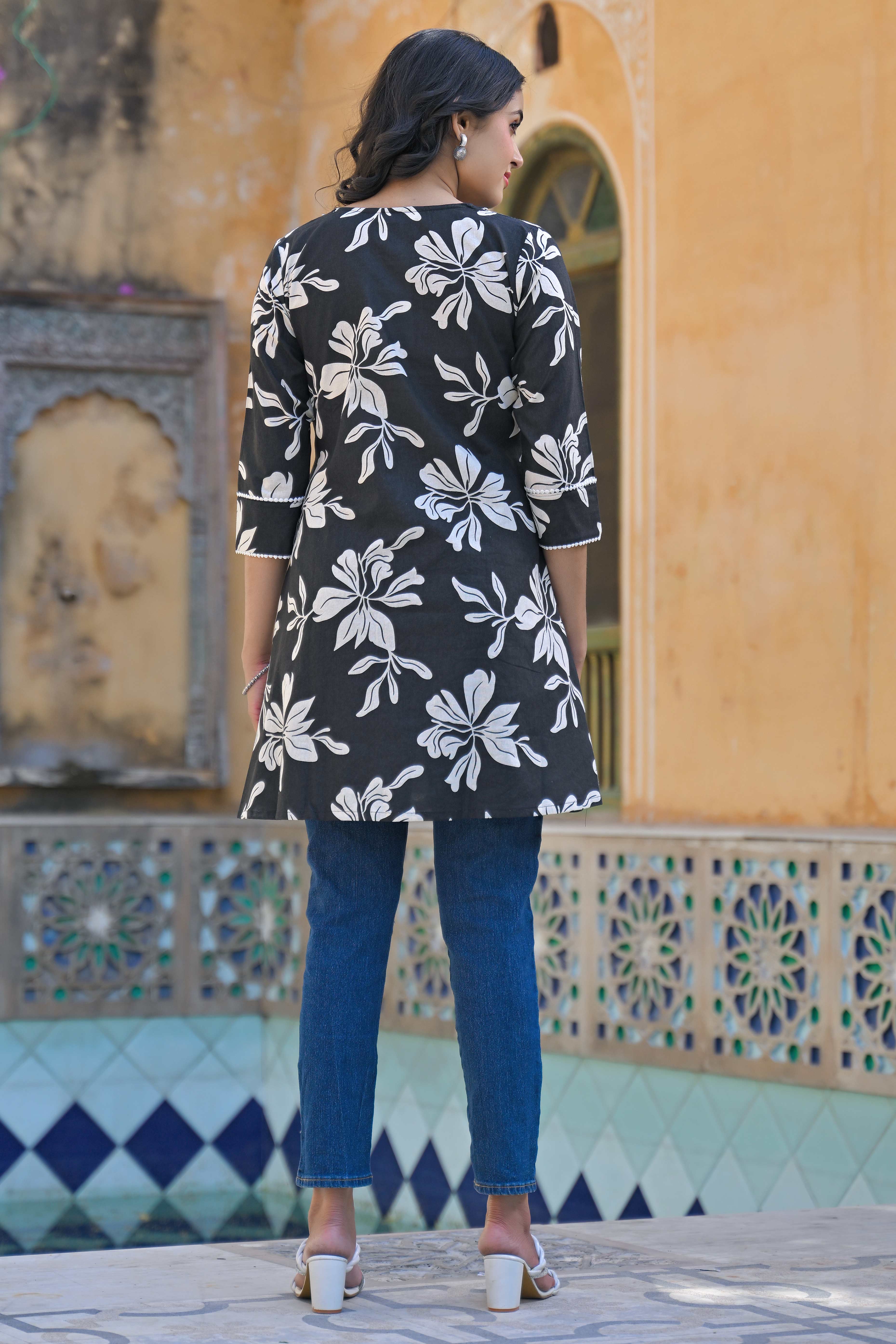 Black Floral Printed Pure Cotton A-Line Top