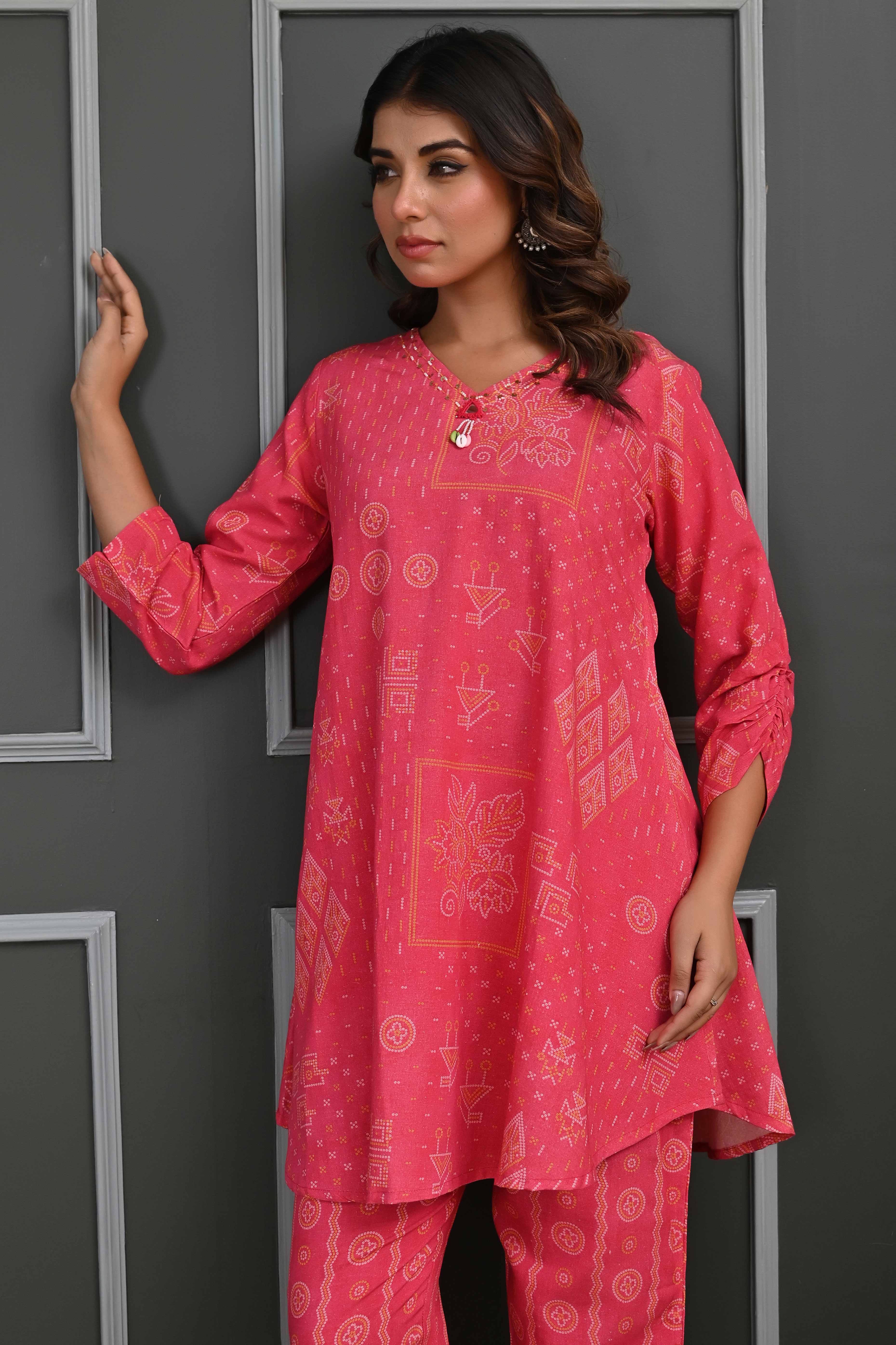 Festive-Ready Rani Pink Bandhani Printed Cotton Flex Straight Fit Co-Ord Set