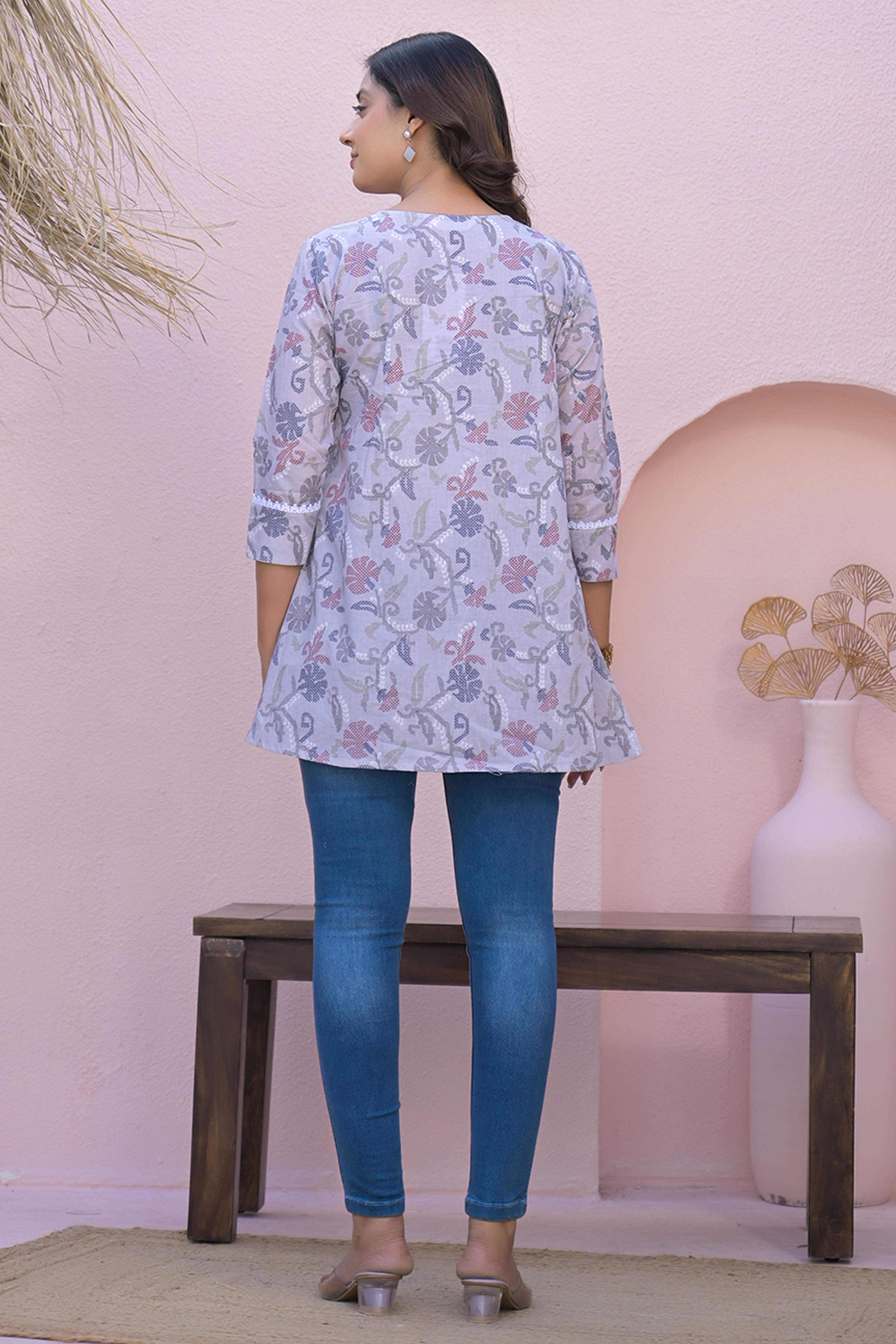 Floral Print Grey Angrakha Style Pure Cotton Top