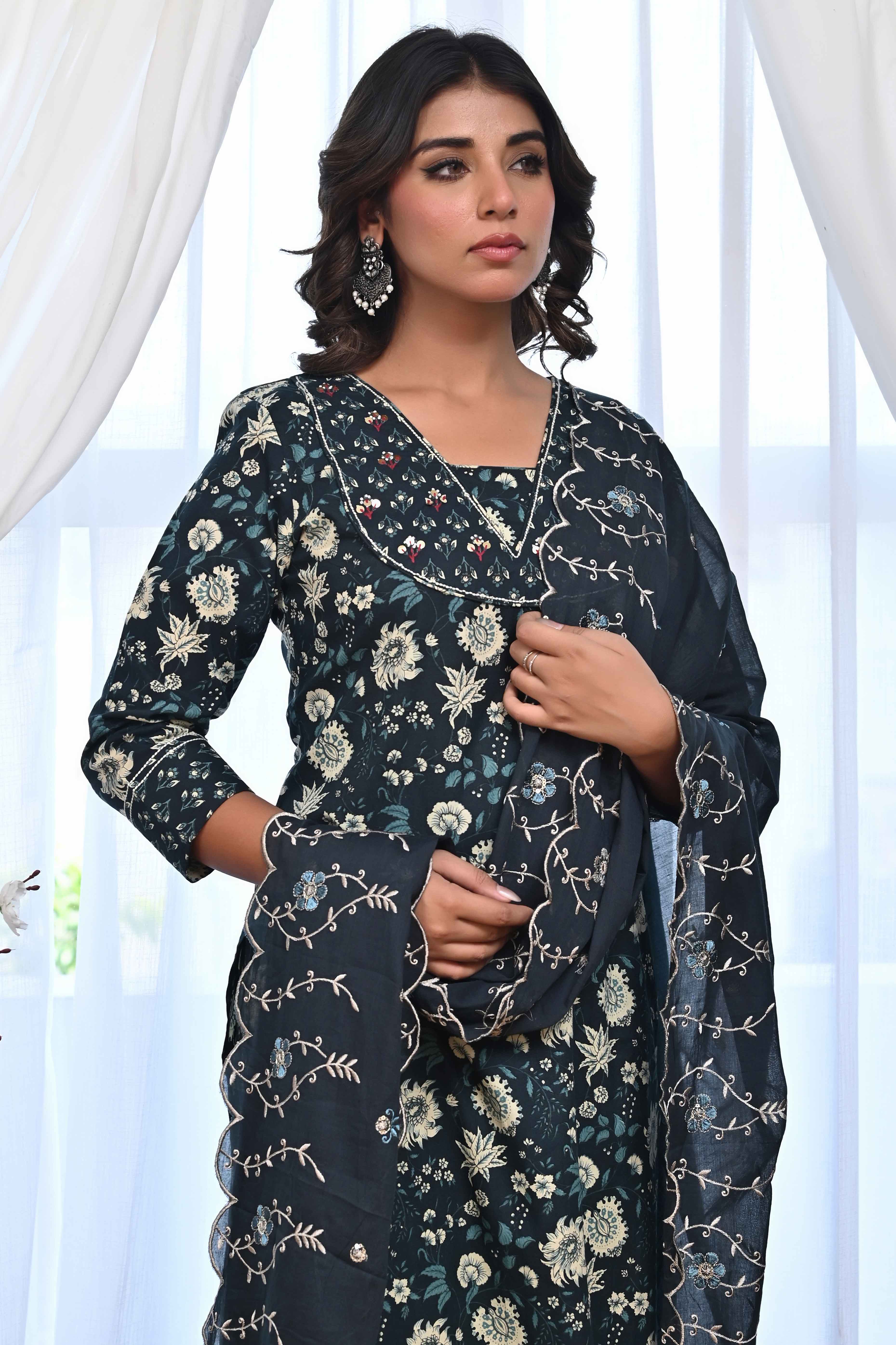 Dark Teal Blue Floral Printed Salwar Suit Adorned With Delicate Sequin Work On Pure Cotton