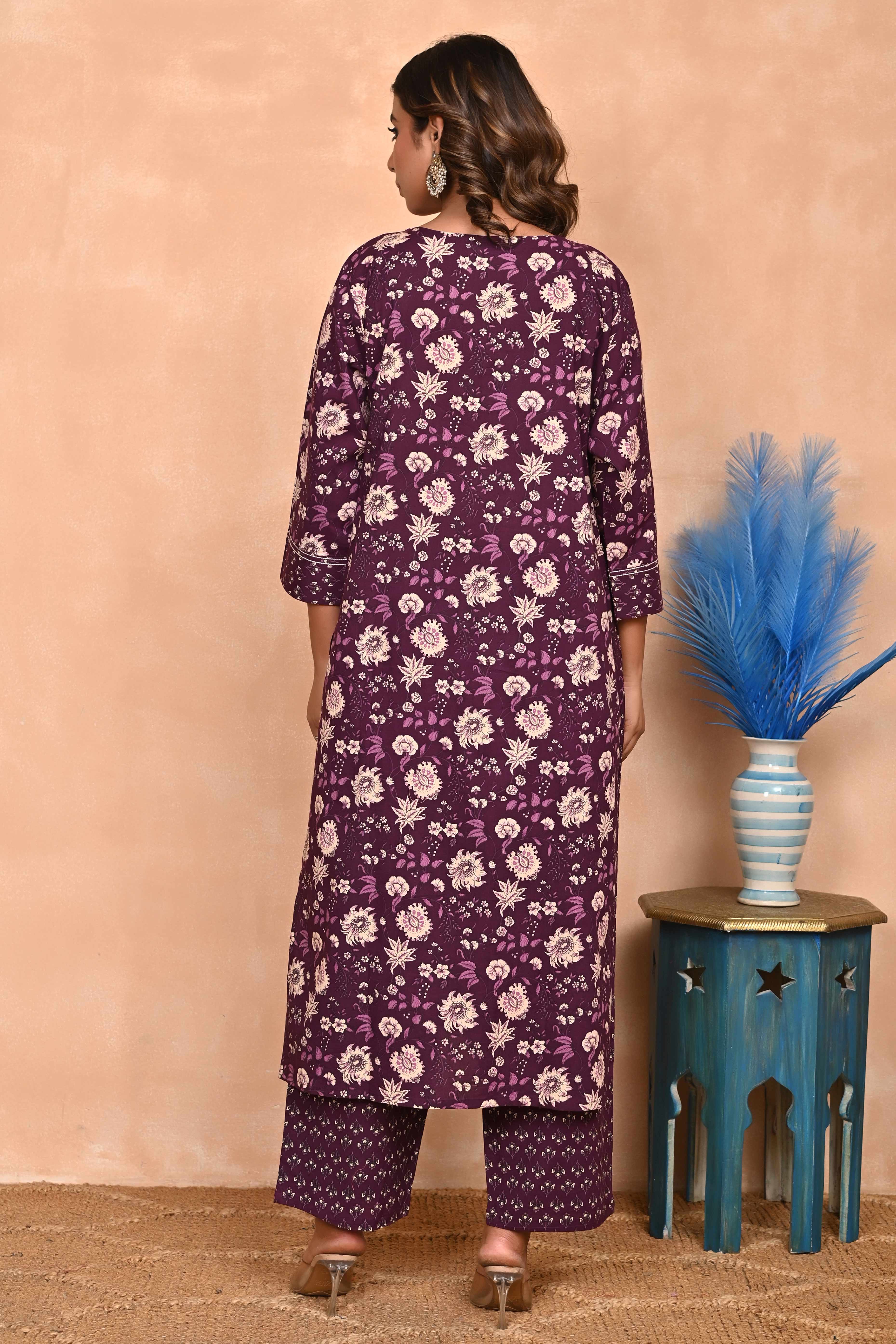 Elegant Wine Floral Printed Salwar Suit With Intricate Sequin Embellishment On Pure Cotton