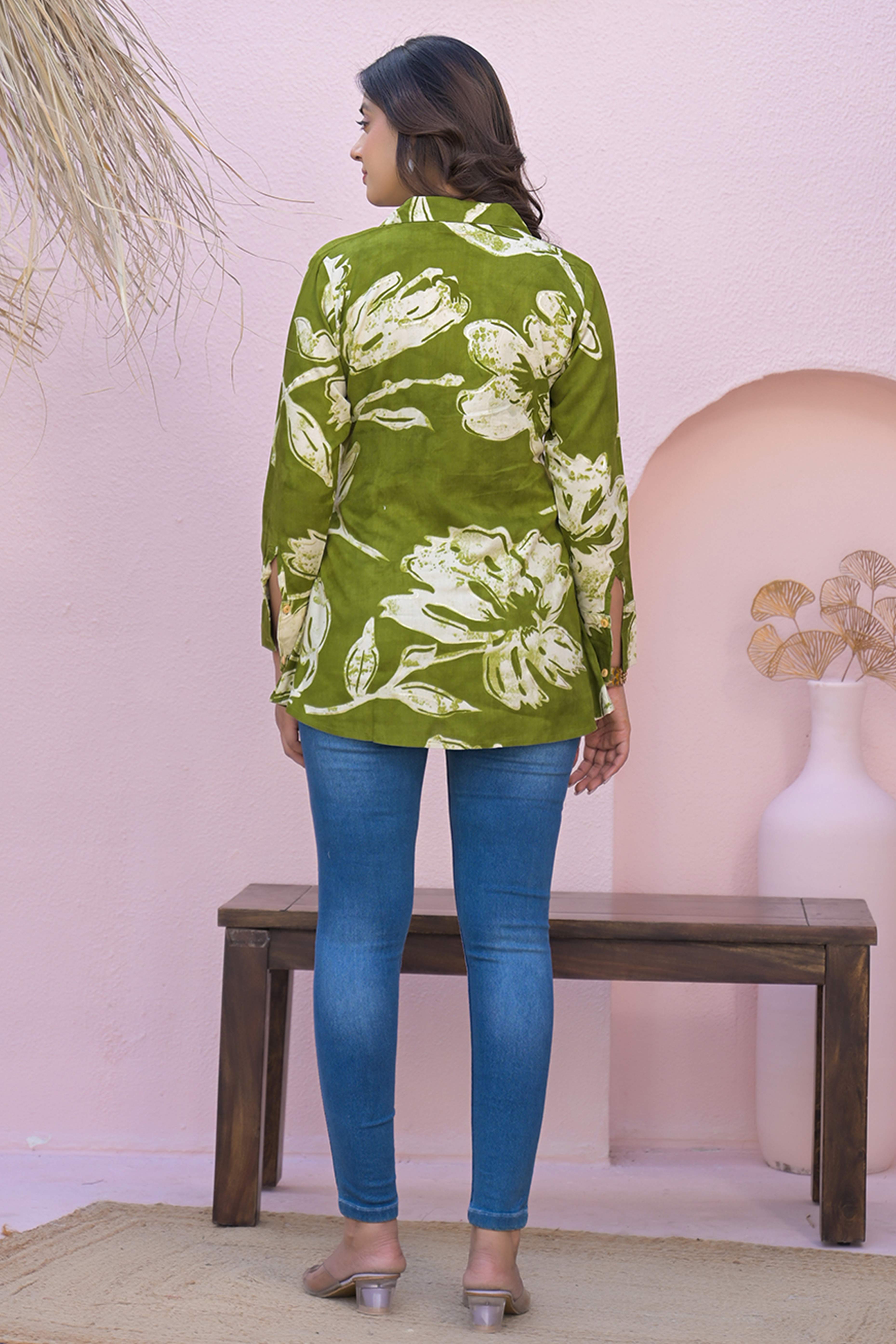 Graceful Green Rayon Straight Top With A Charming Floral Print