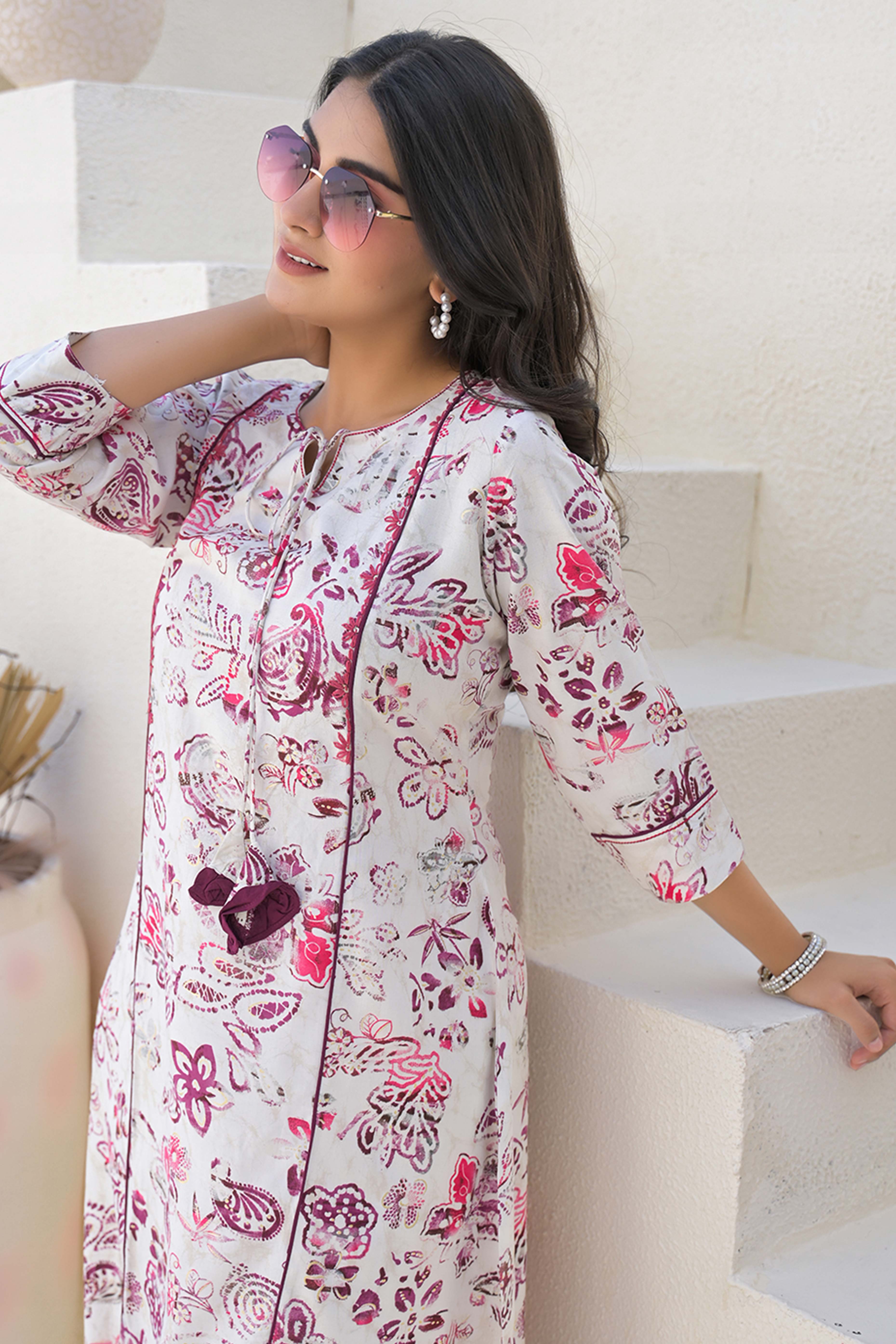 Off White Rayon A-line Kurti With Artistic Floral Prints