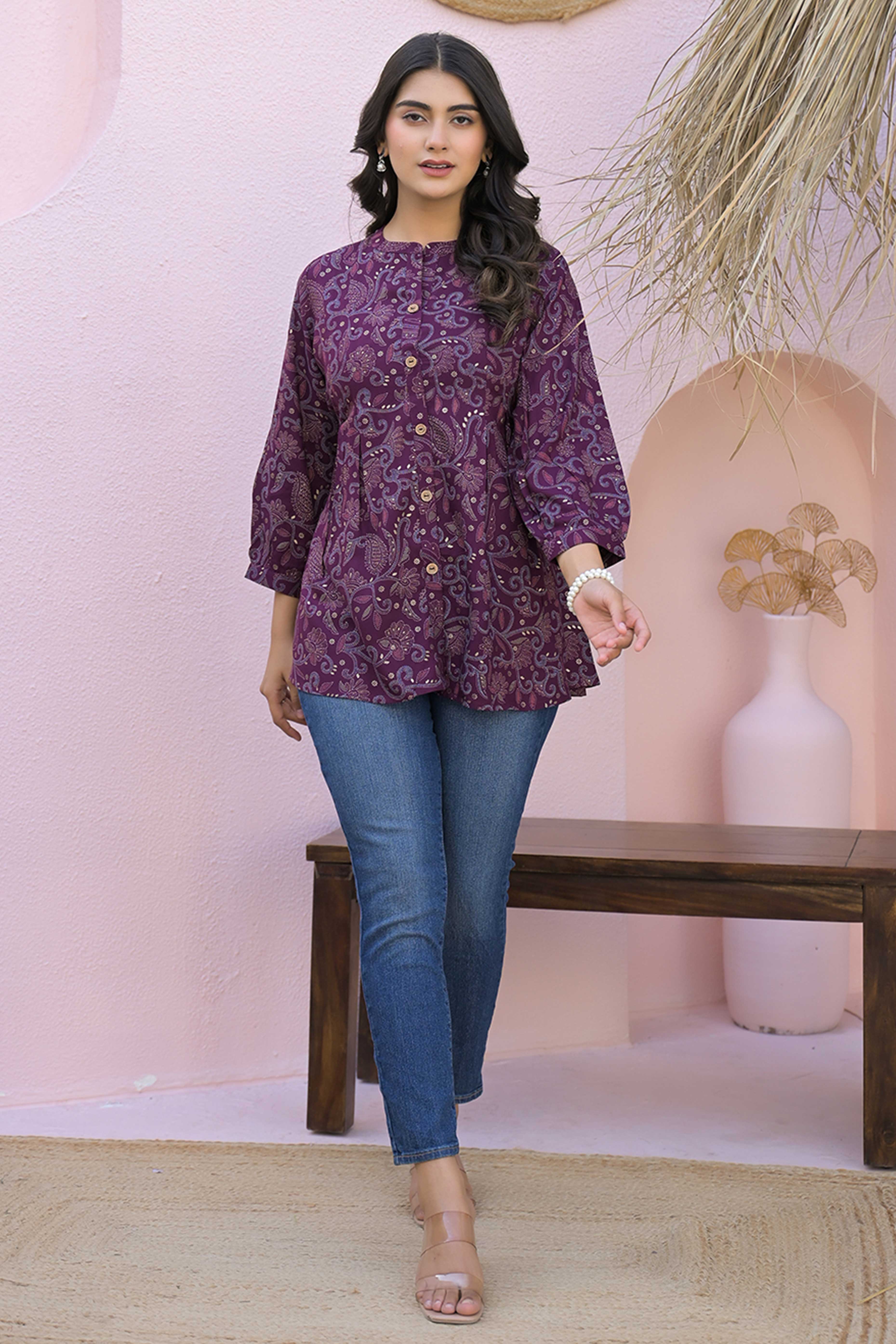 Purple Rayon A-Line Top with Elegant Floral Foil Prints