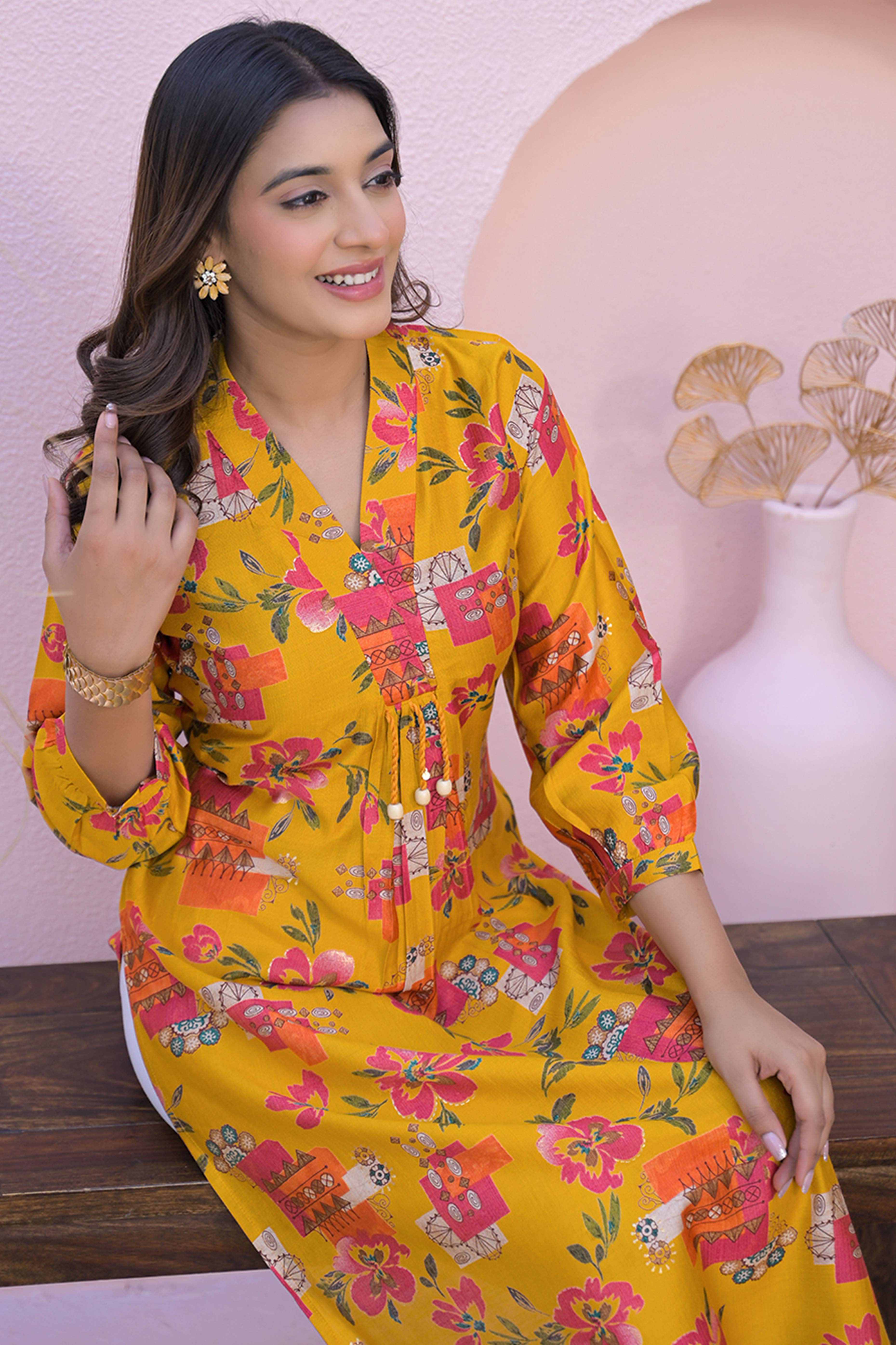Mustard A-Line Kurti in Soft Viscose with Floral Design