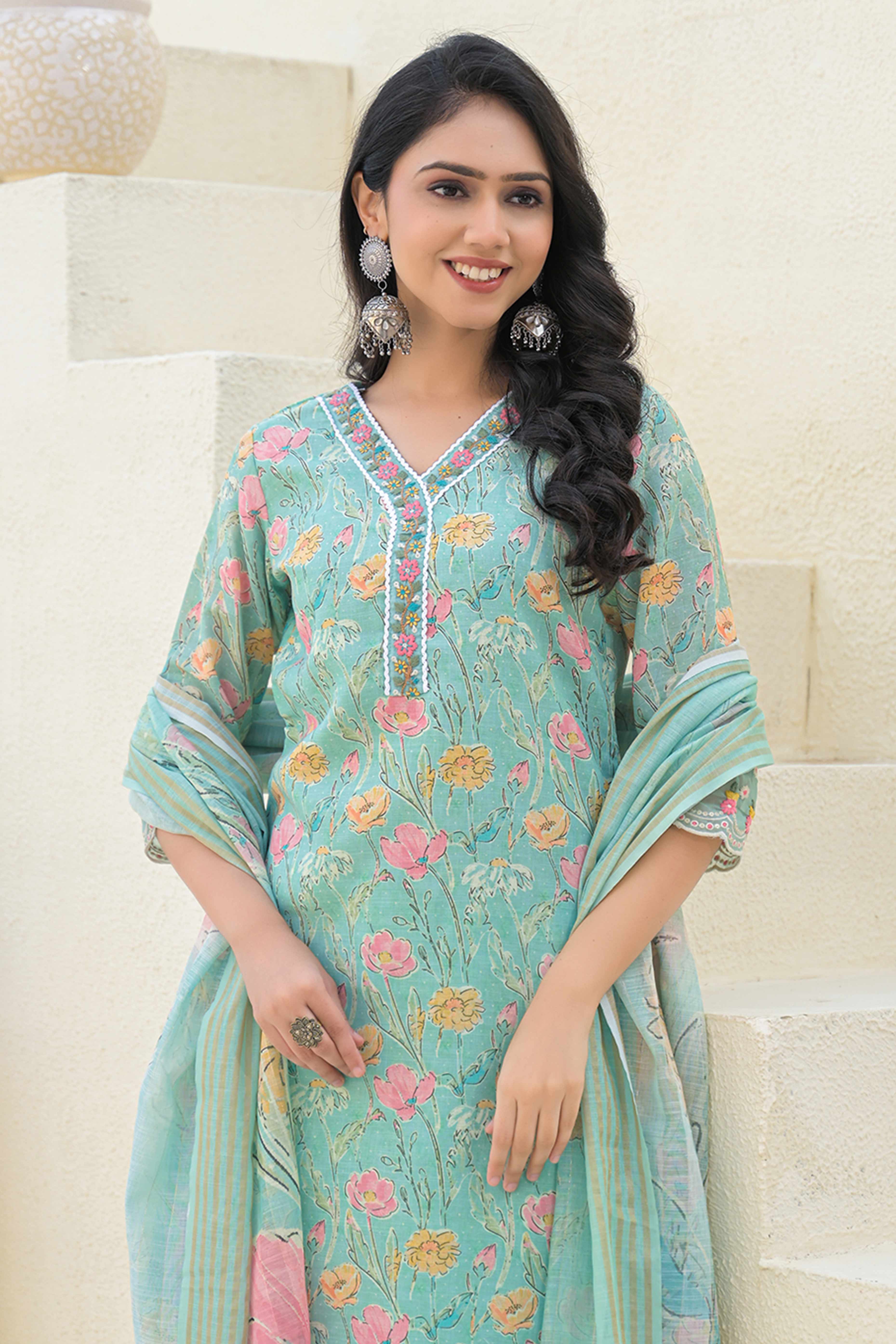 Sea Green Linen Straight Suit Featuring Printed Florals & Delicate Embroidery