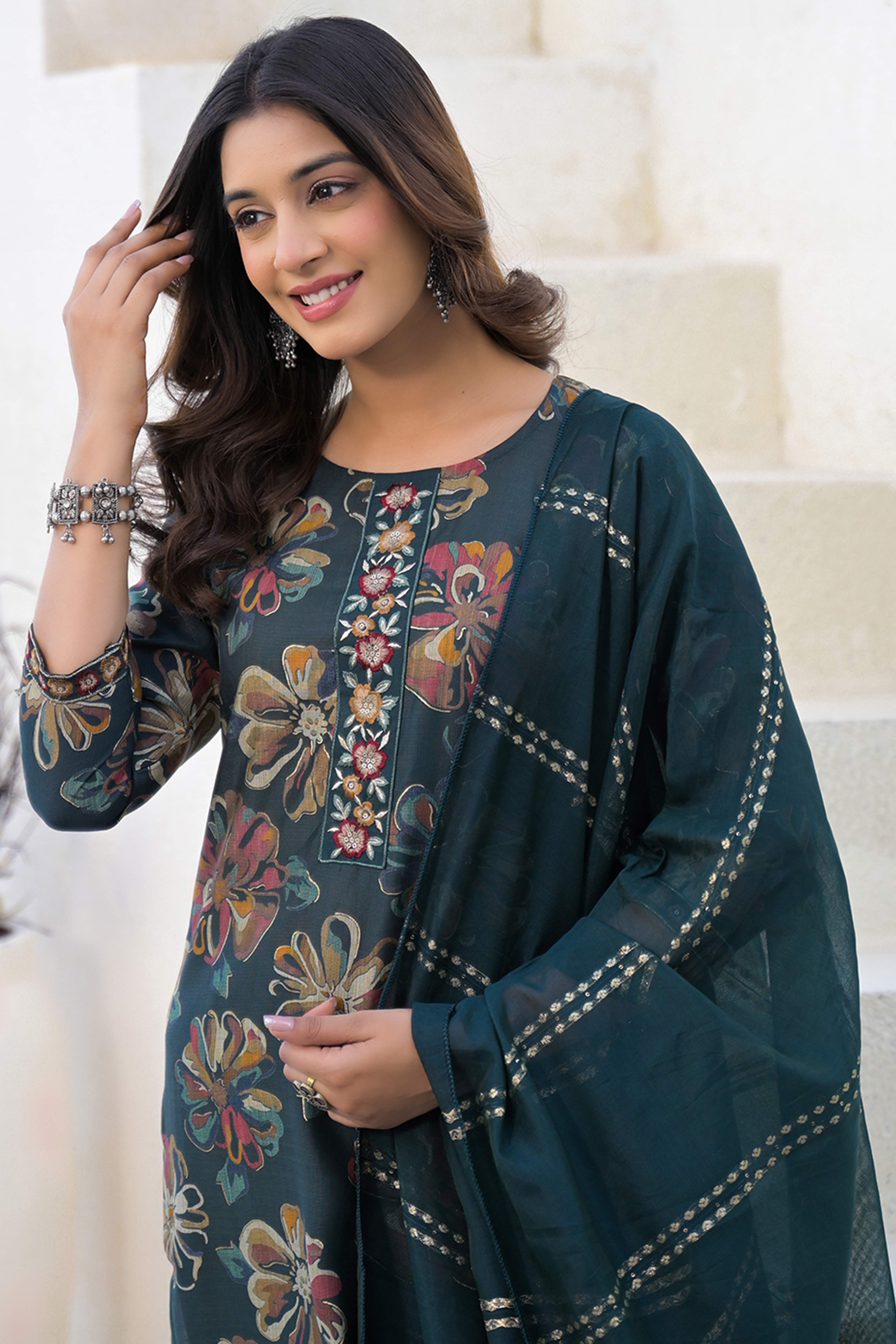 Stylish Bottle Green Viscose Straight Salwar Suit with Floral Pattern