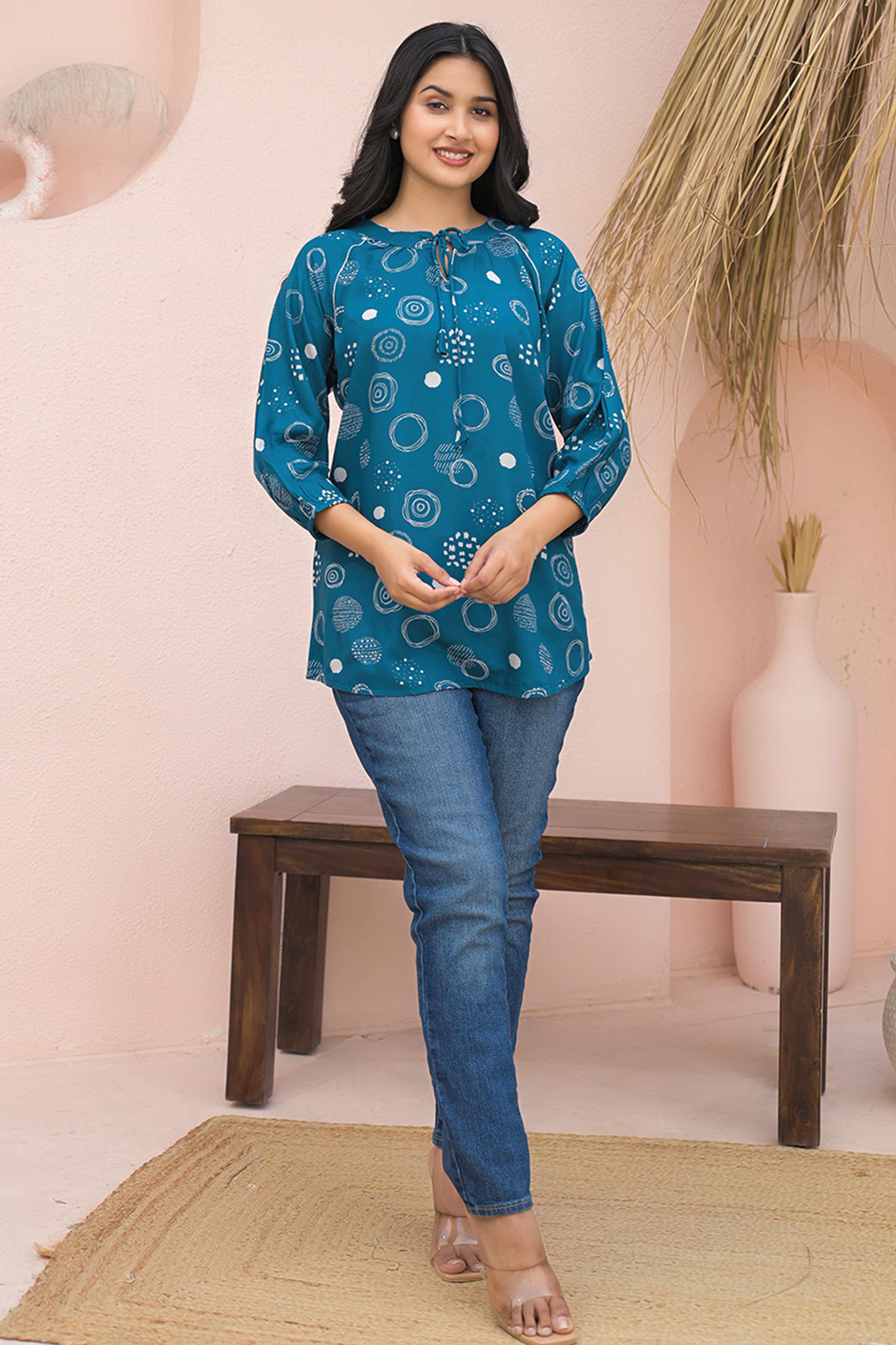 Trendy Blue Straight-Cut Rayon Top with All-Over Print
