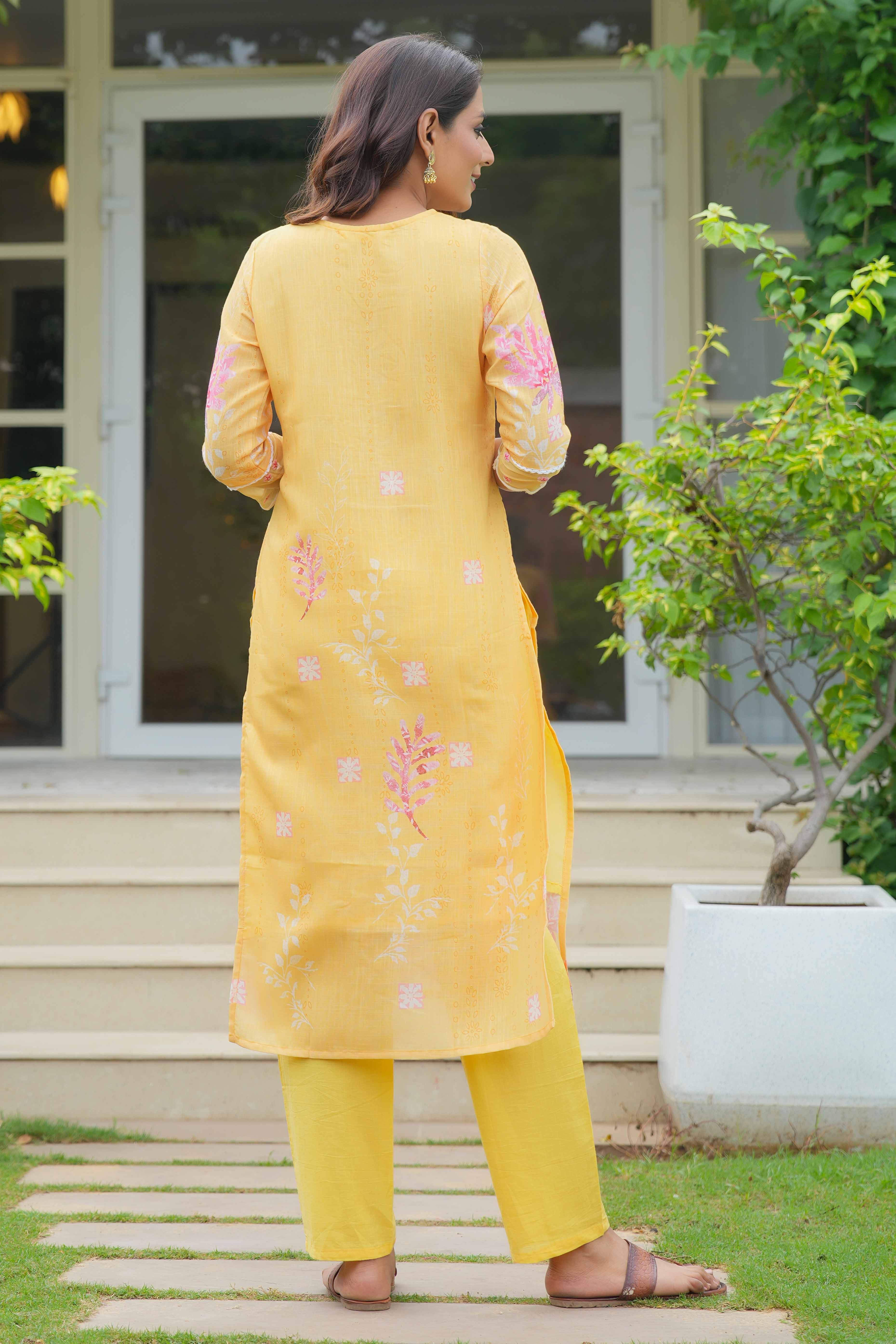 Yellow Floral With Lace Work One Neck Linen Salwar Suit