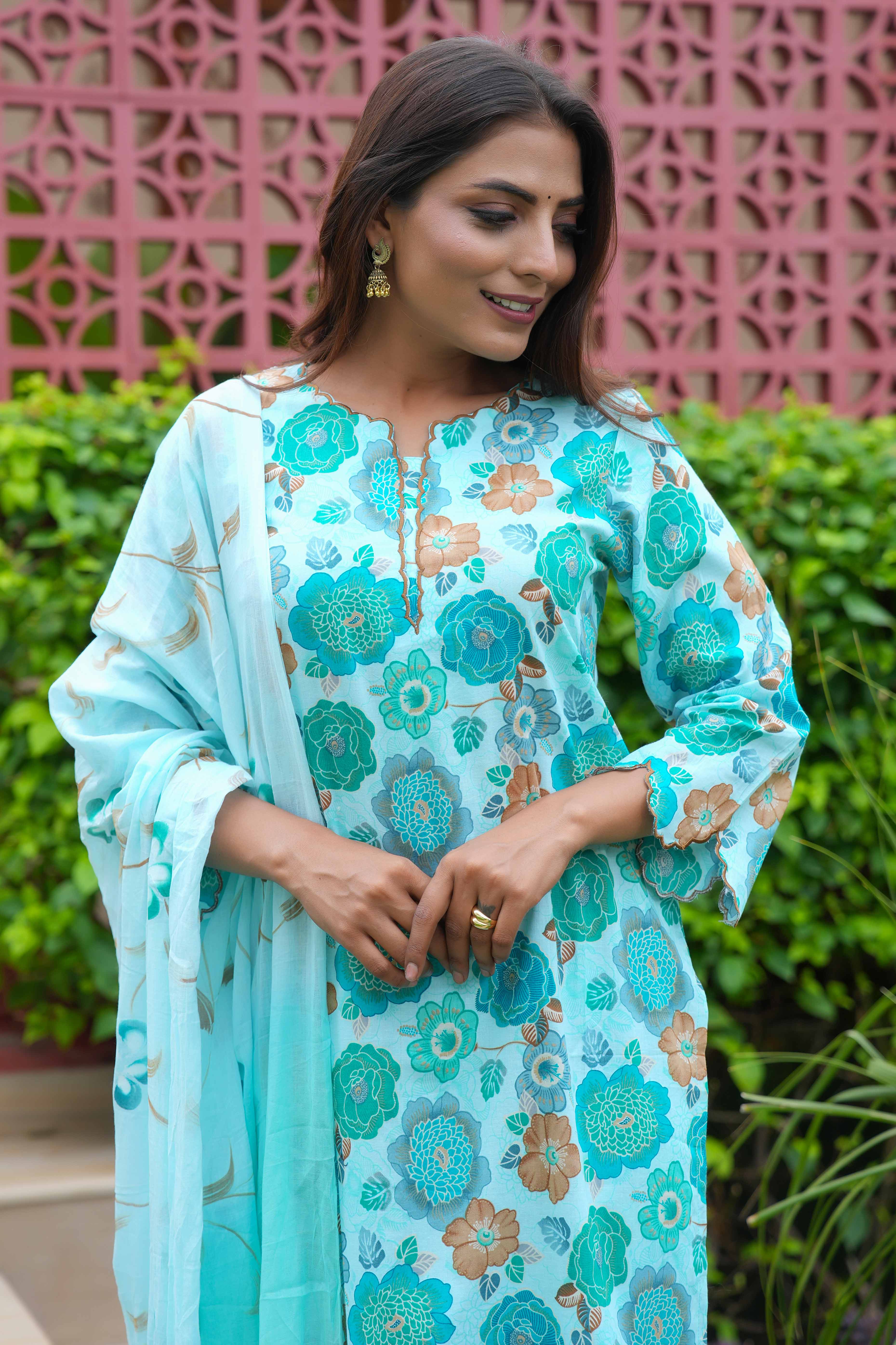 Turquoise Cotton Salwar Suit With Floral Print & Straight Fit