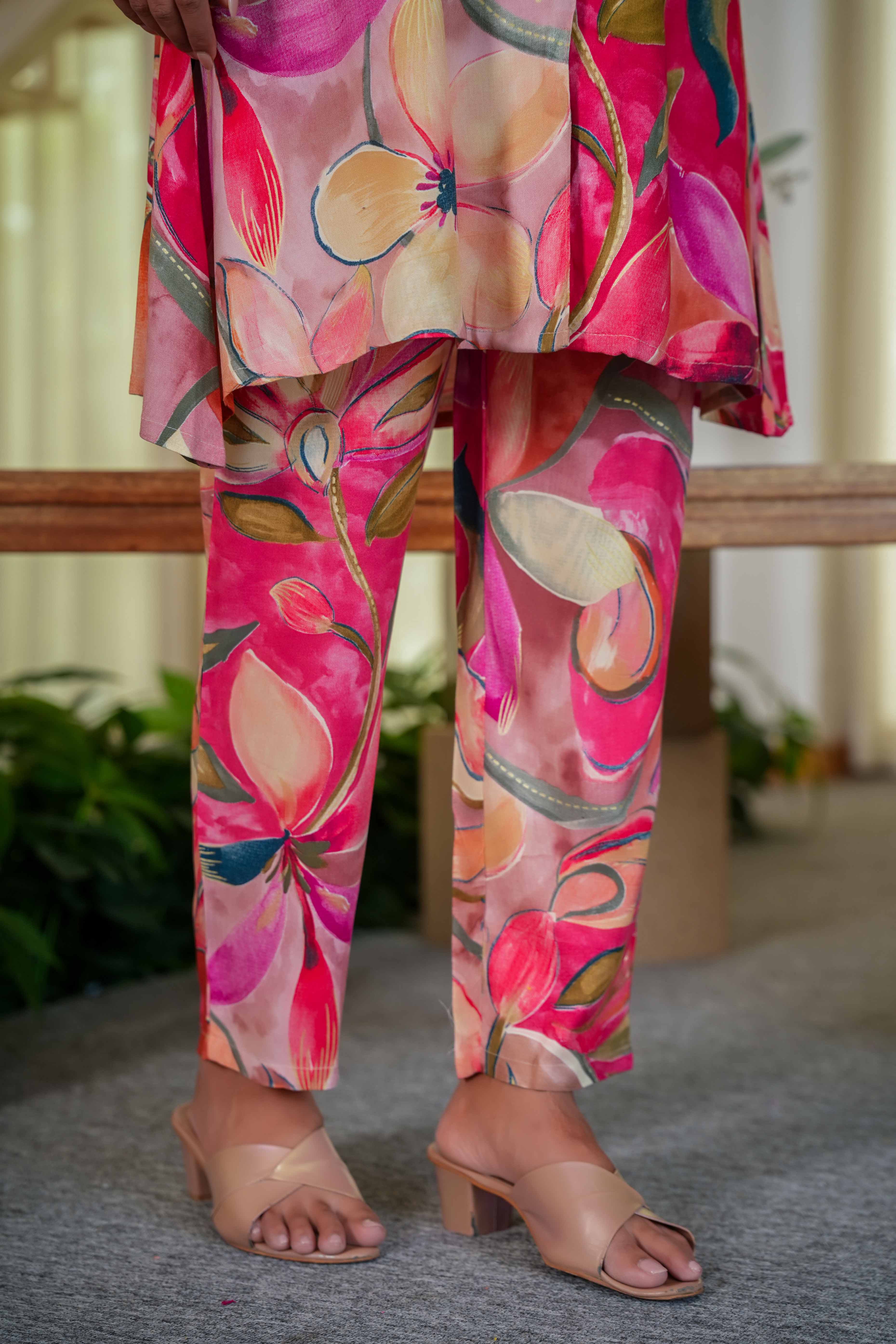 Sophisticated Red Floral Printed Straight Co-Ord Set In Rayon