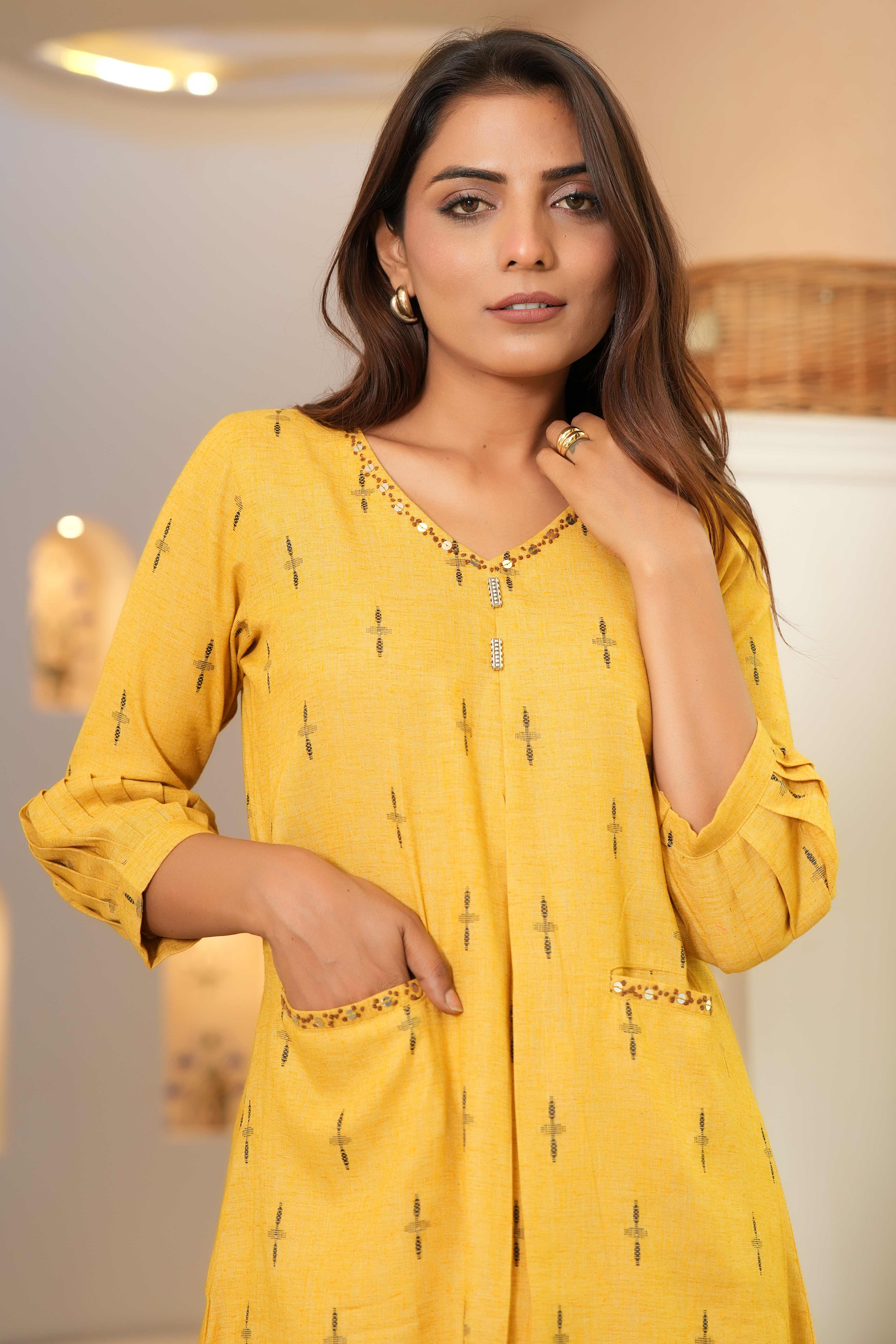 Yellow Pure Cotton A-Line Kurti with Elegant Weaving and Beads Work