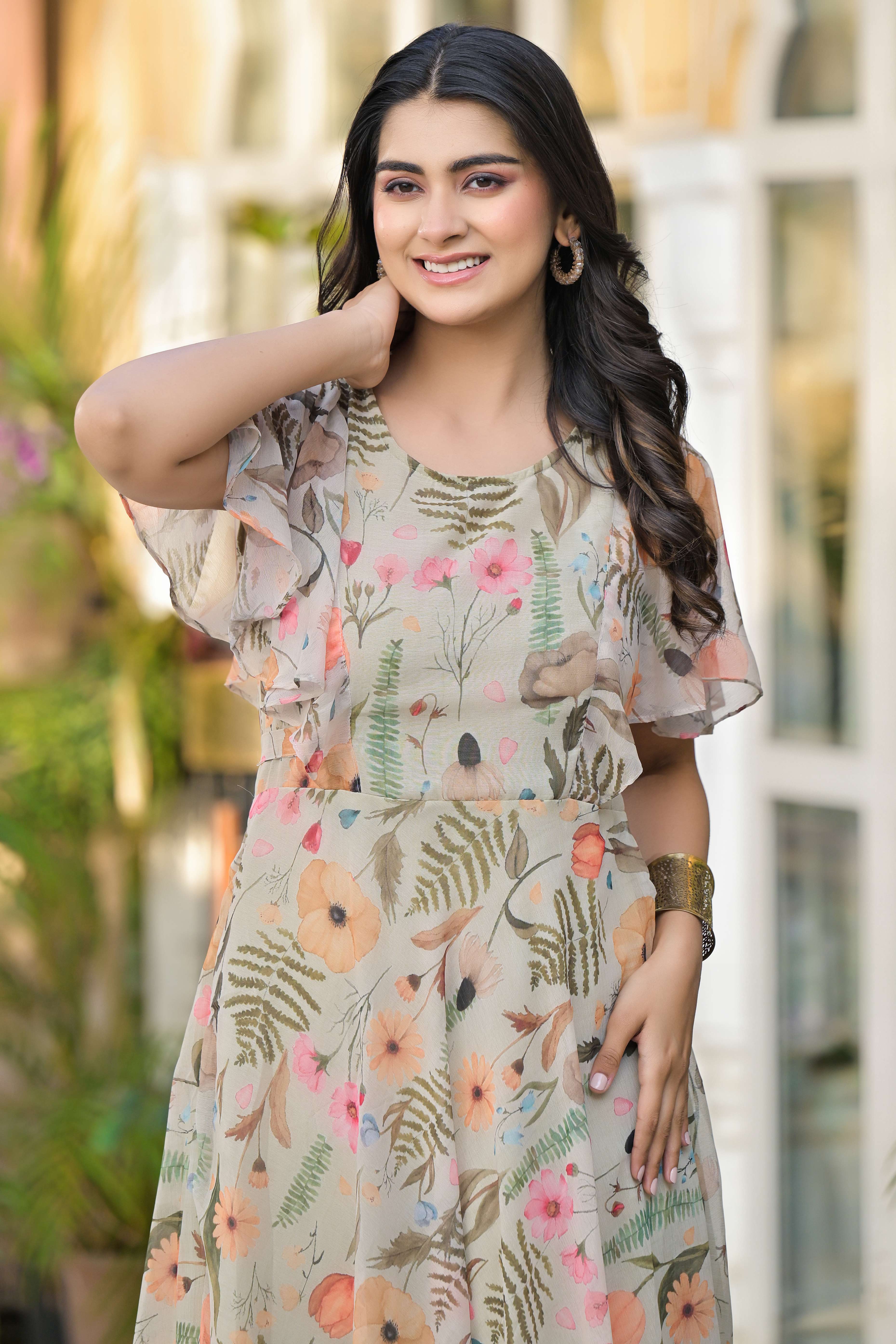 Light Olive Digital Floral Printed Chiffon Maxi Dress