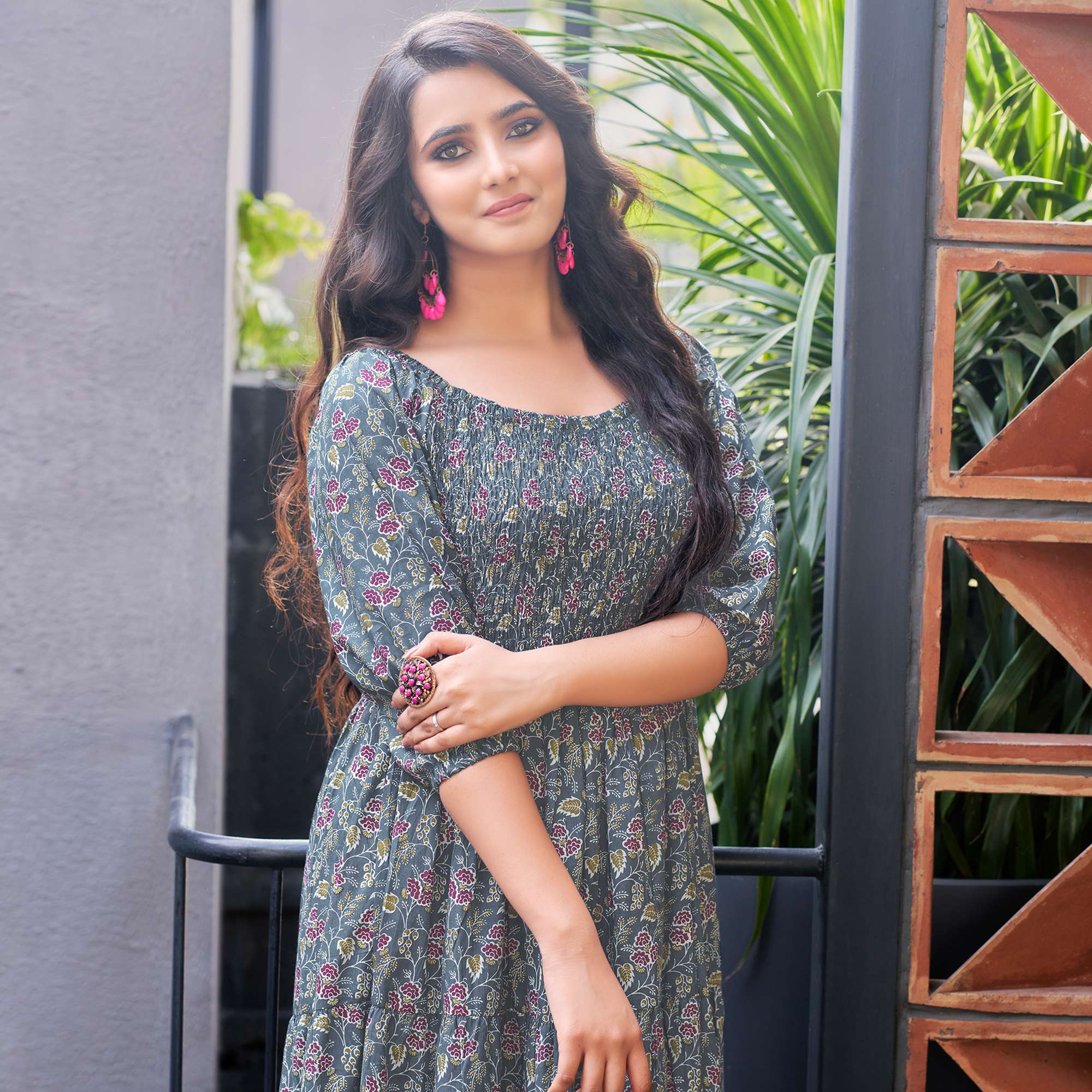 Grey Floral Printed Pure Cotton Dress