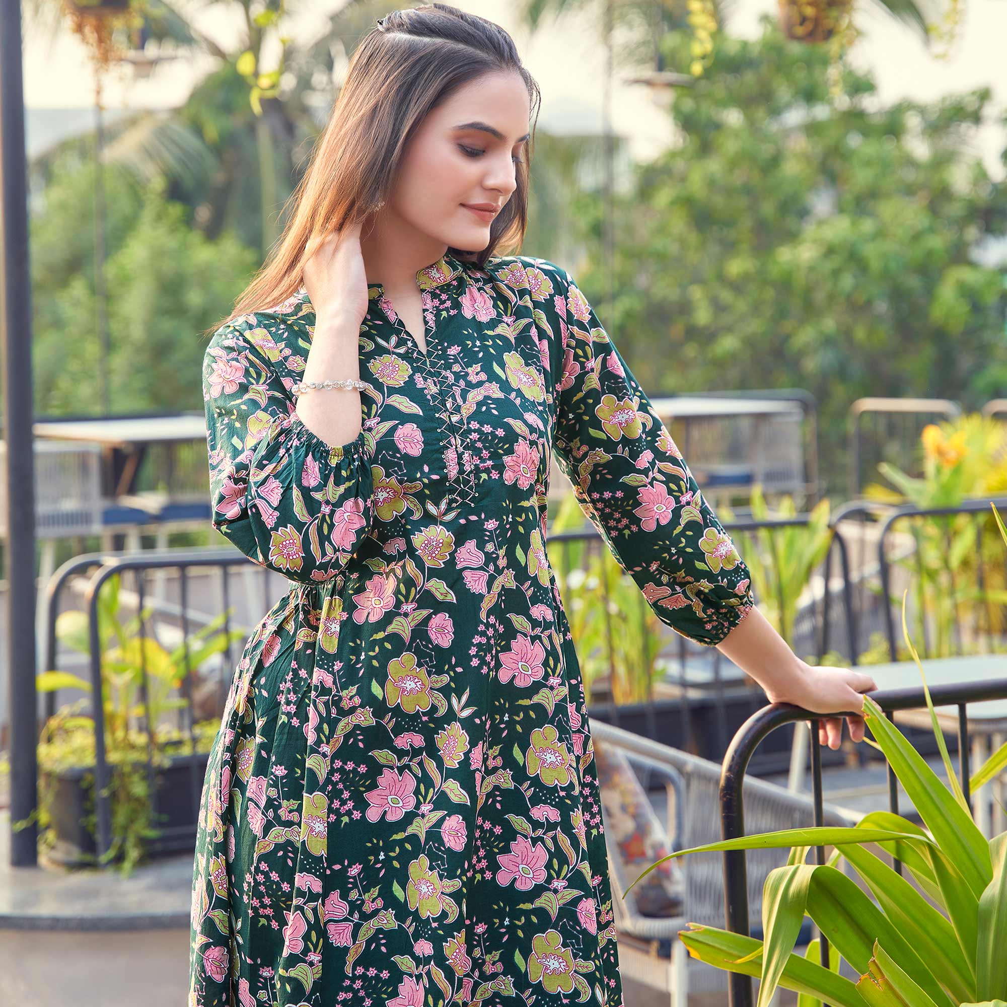 Dark Bottle Green Floral Printed Pure Cotton Dress