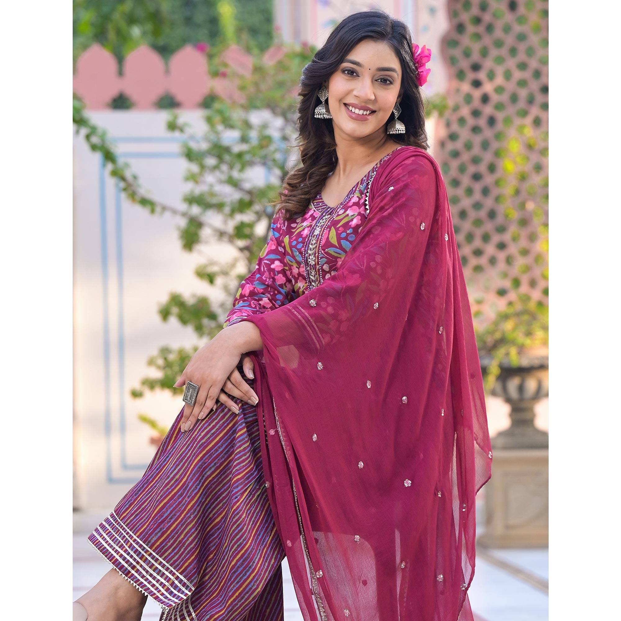 Wine Floral Printed Pure Cotton Sharara Suit