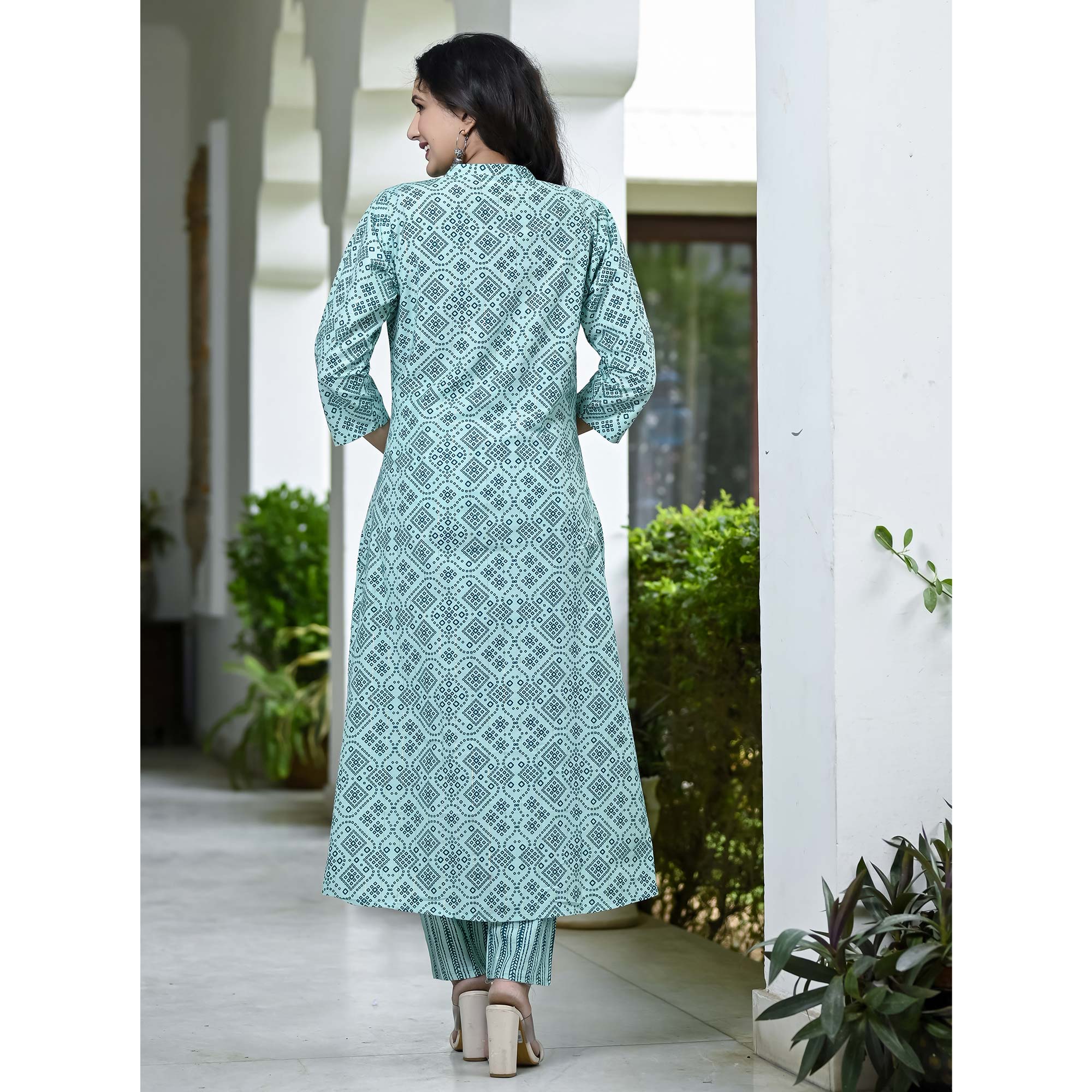 Turquoise Bandhani Printed Pure Cotton A Line Suit